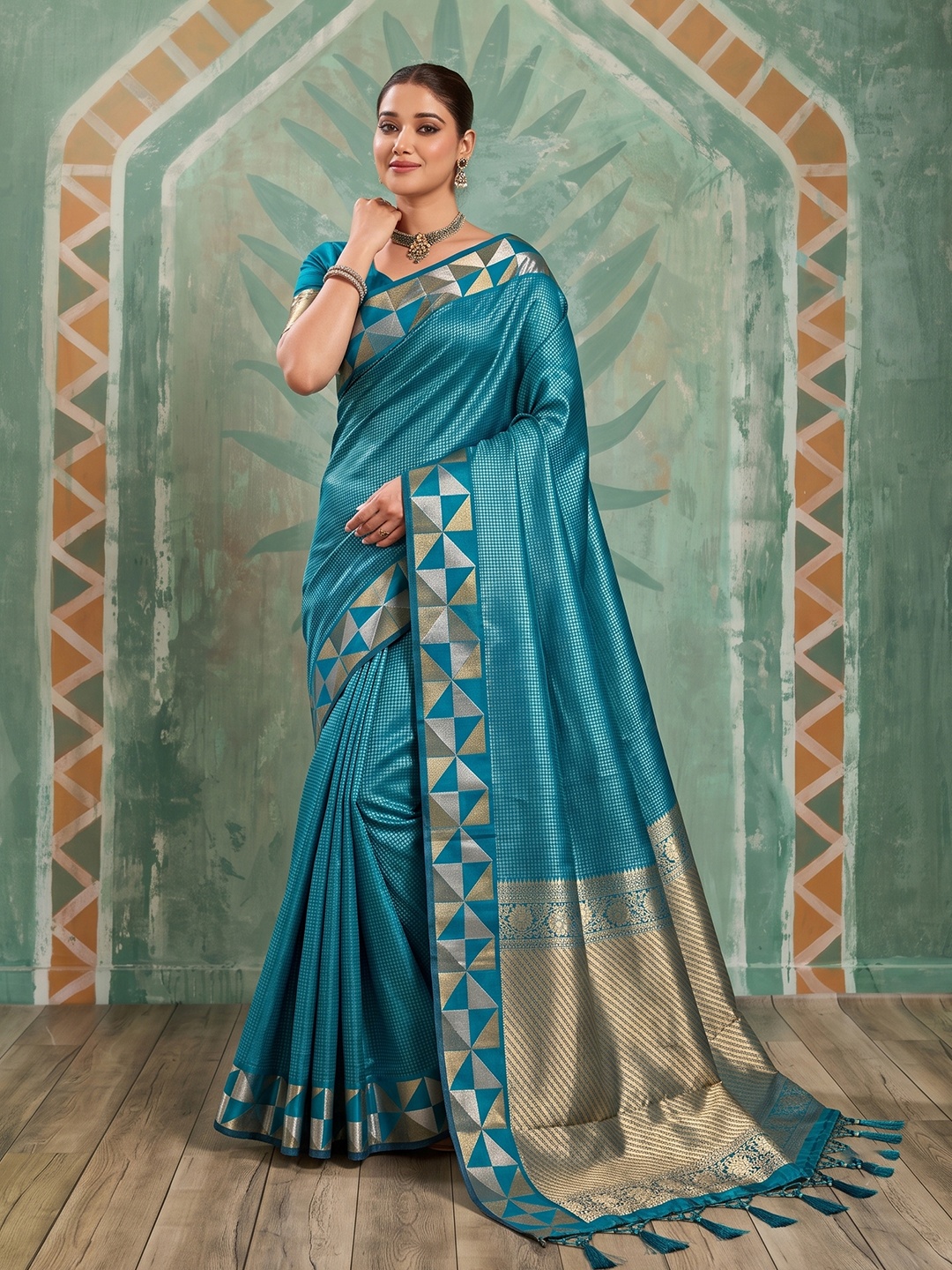 Teal Checked Zari Art Silk Saree