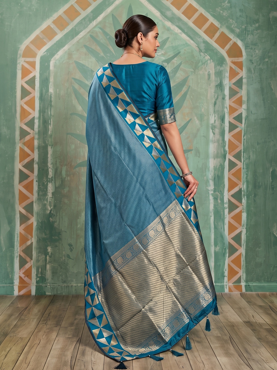 Teal Checked Zari Art Silk Saree — alternate view