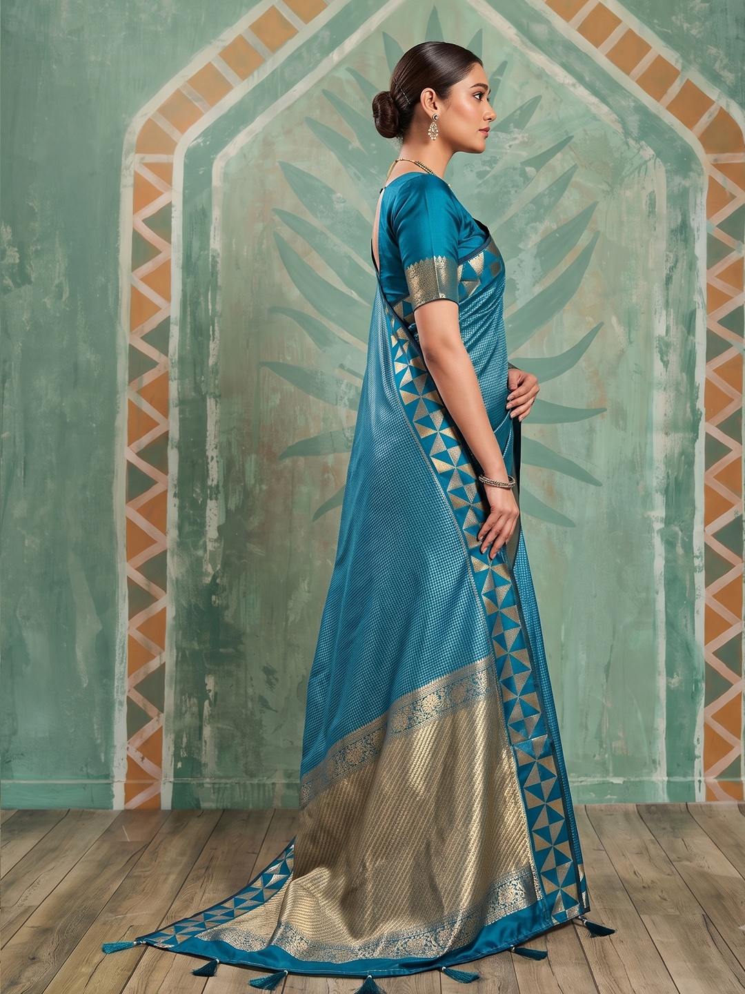 Teal Checked Zari Art Silk Saree