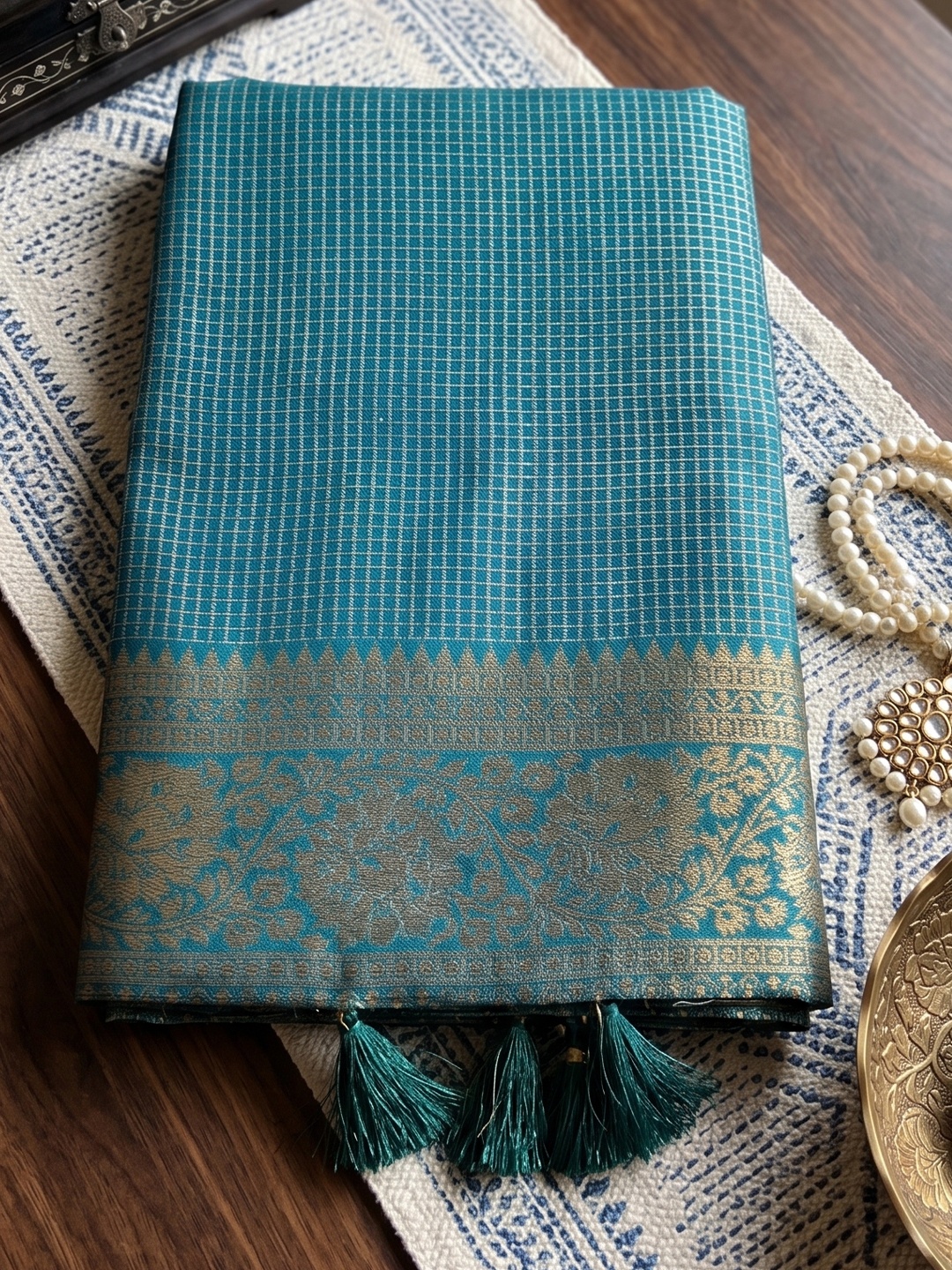 Teal Checked Zari Art Silk Saree