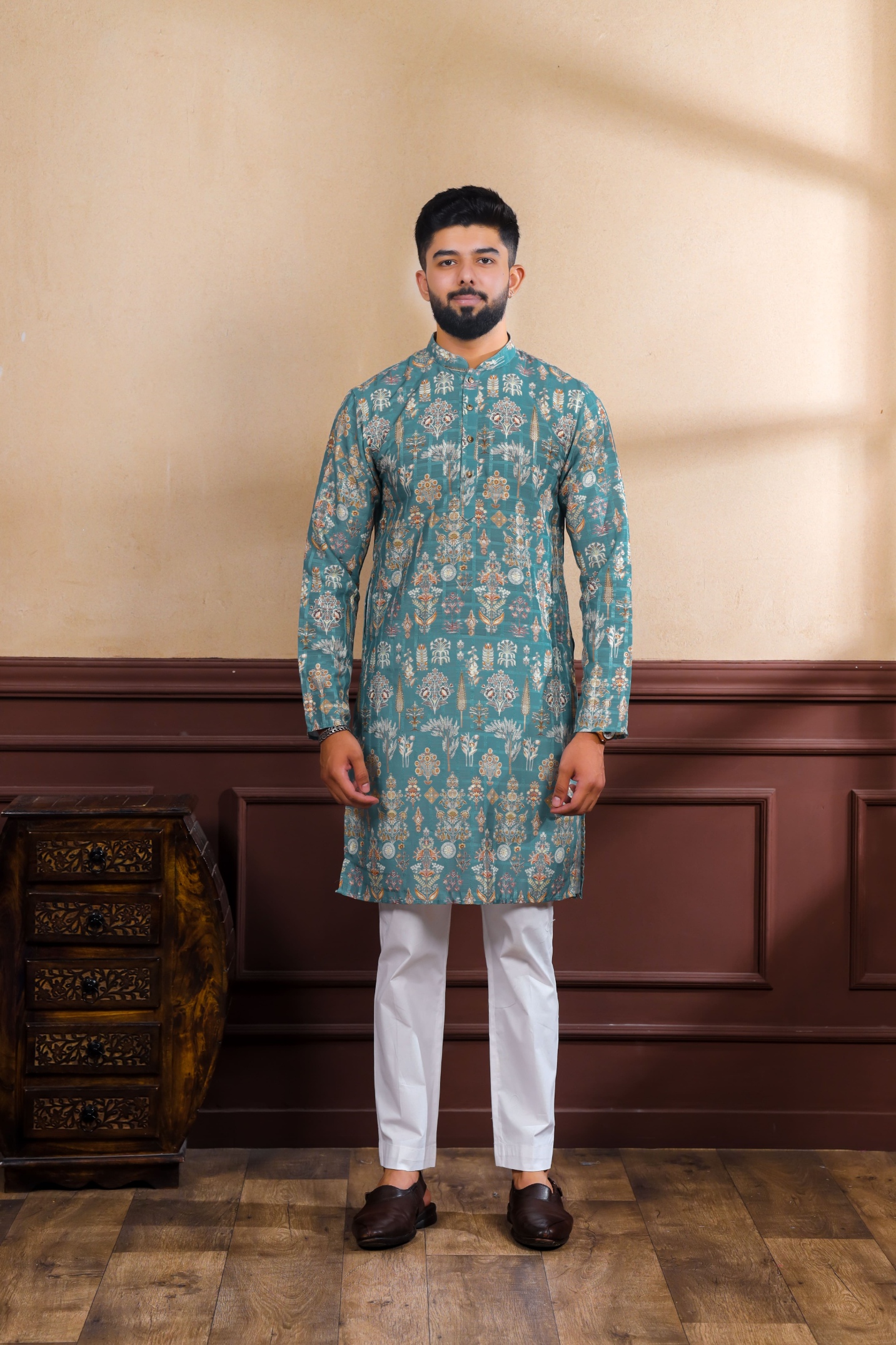 Teal Checks Printed Cotton Kurta Pyjama