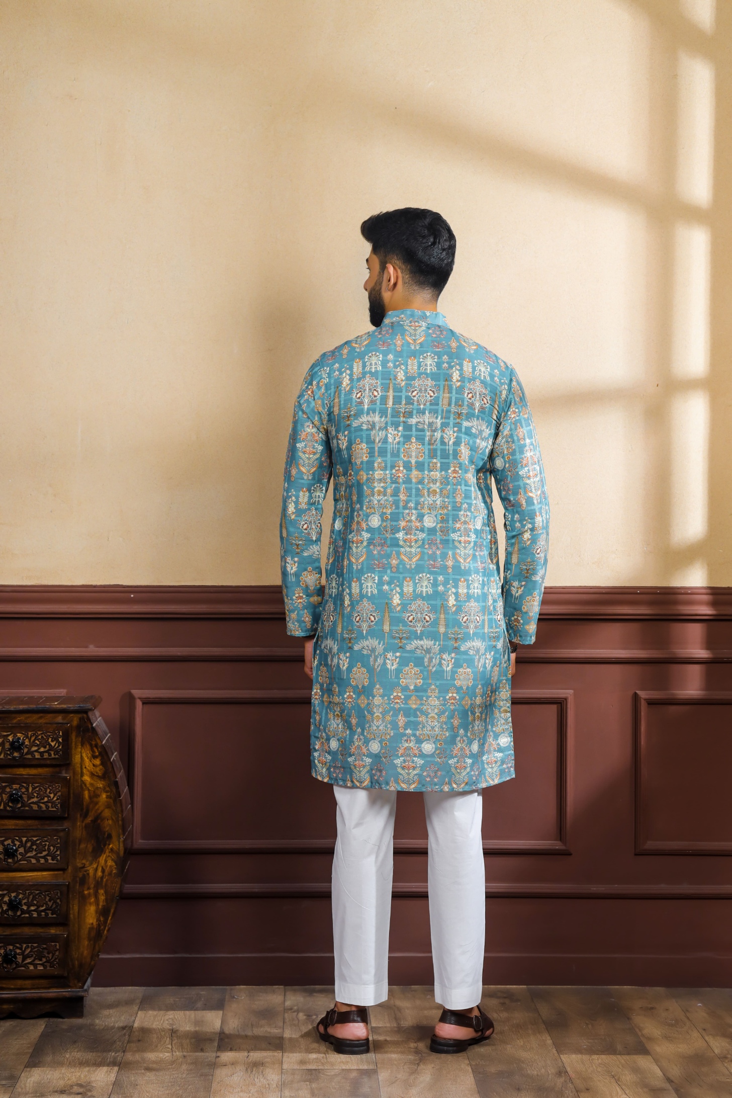 Teal Checks Printed Cotton Kurta Pyjama — alternate view