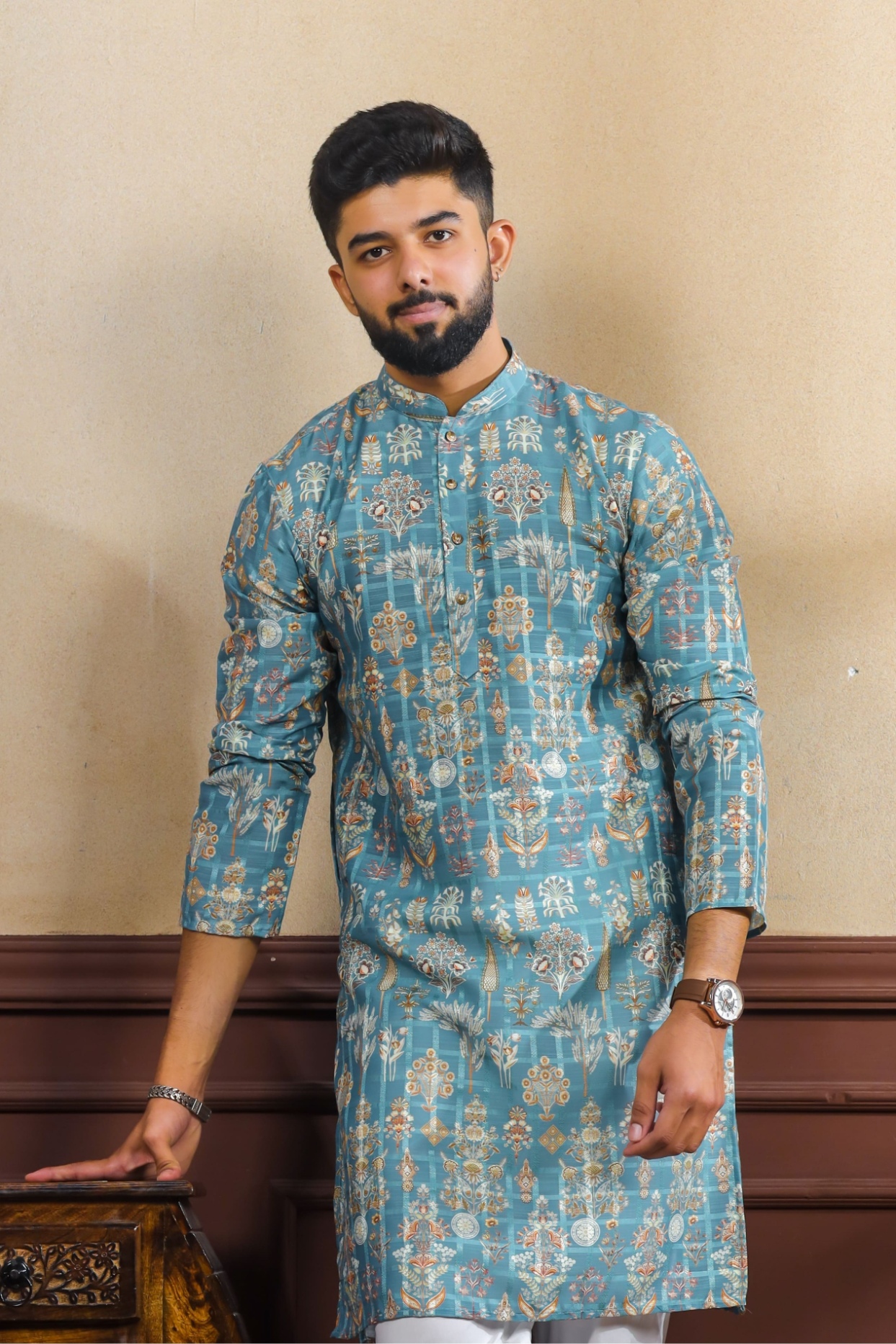 Teal Checks Printed Cotton Kurta Pyjama