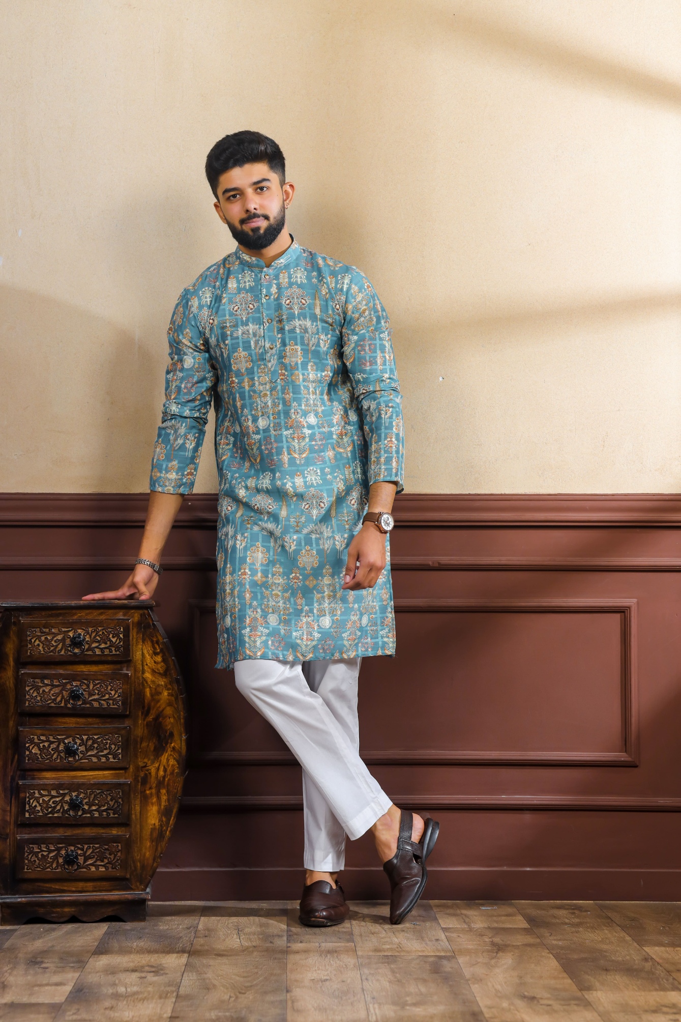 Teal Checks Printed Cotton Kurta Pyjama
