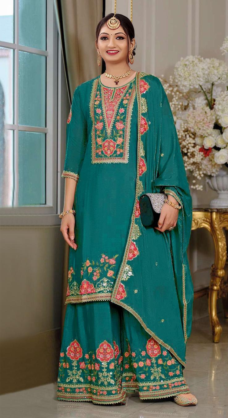 Teal Chinon Designer Embroidery Work Palazzo Suit