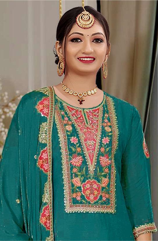Teal Chinon Designer Embroidery Work Palazzo Suit — alternate view