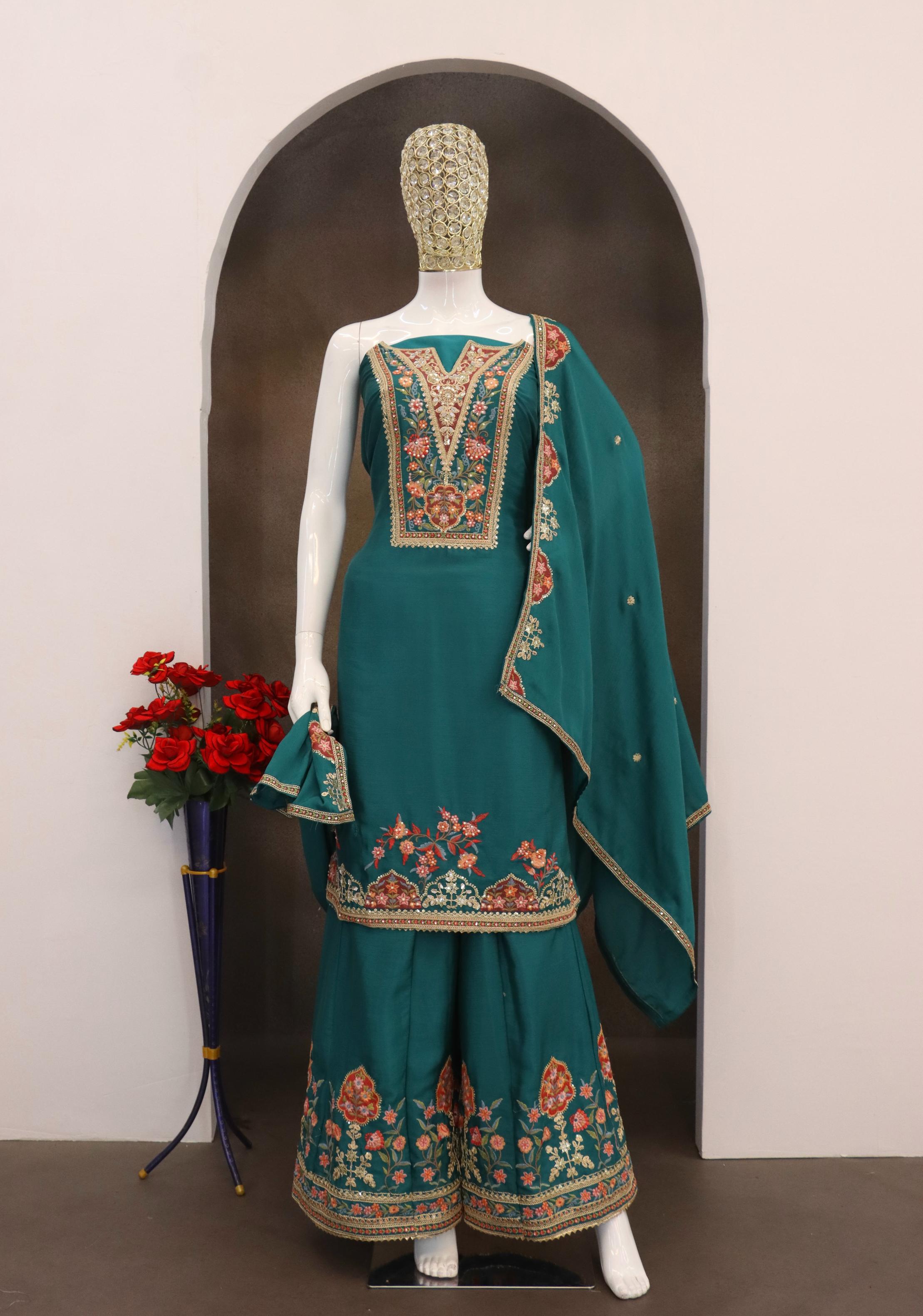 Teal Chinon Designer Embroidery Work Palazzo Suit