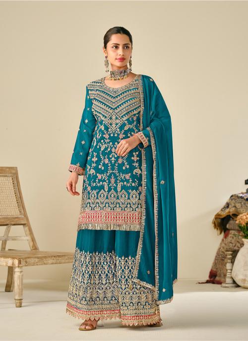 Teal Chinon Embroidered Palazzo Suit