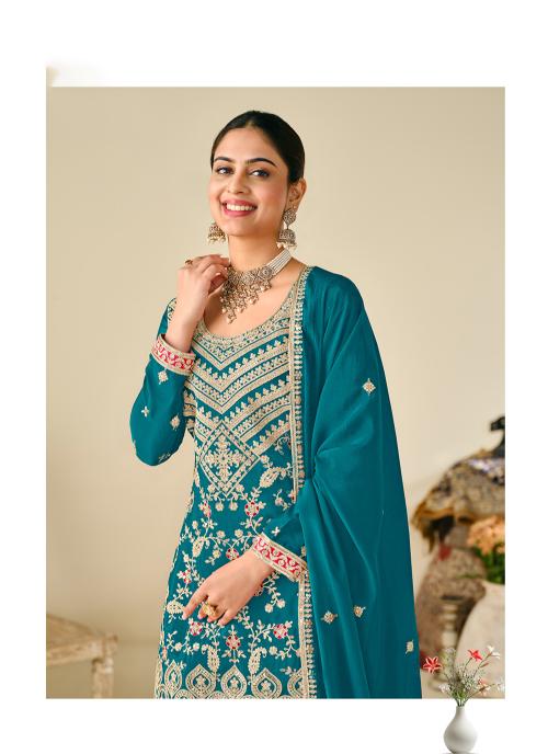Teal Chinon Embroidered Palazzo Suit