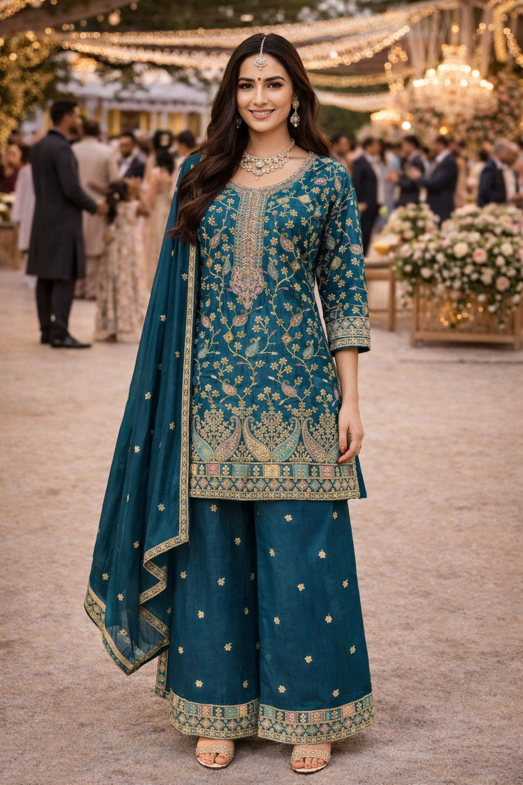 Teal Chinon Embroidered Palazzo Suit