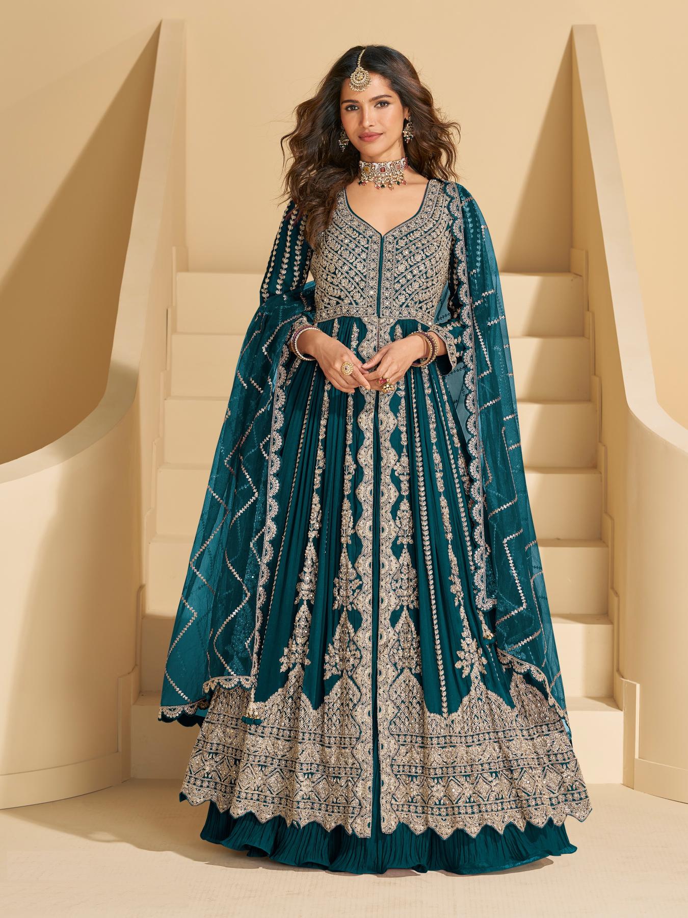 Teal Chinon Heavy Embroidered Anarkali Suit