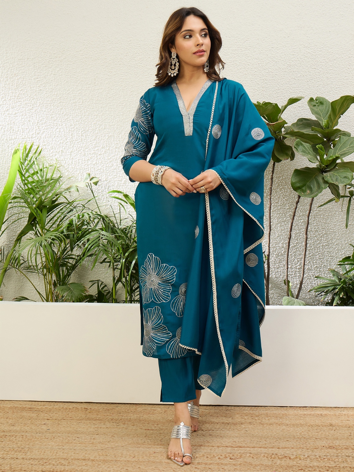Teal Contemporary Embroidered Roman Silk Kurta Set