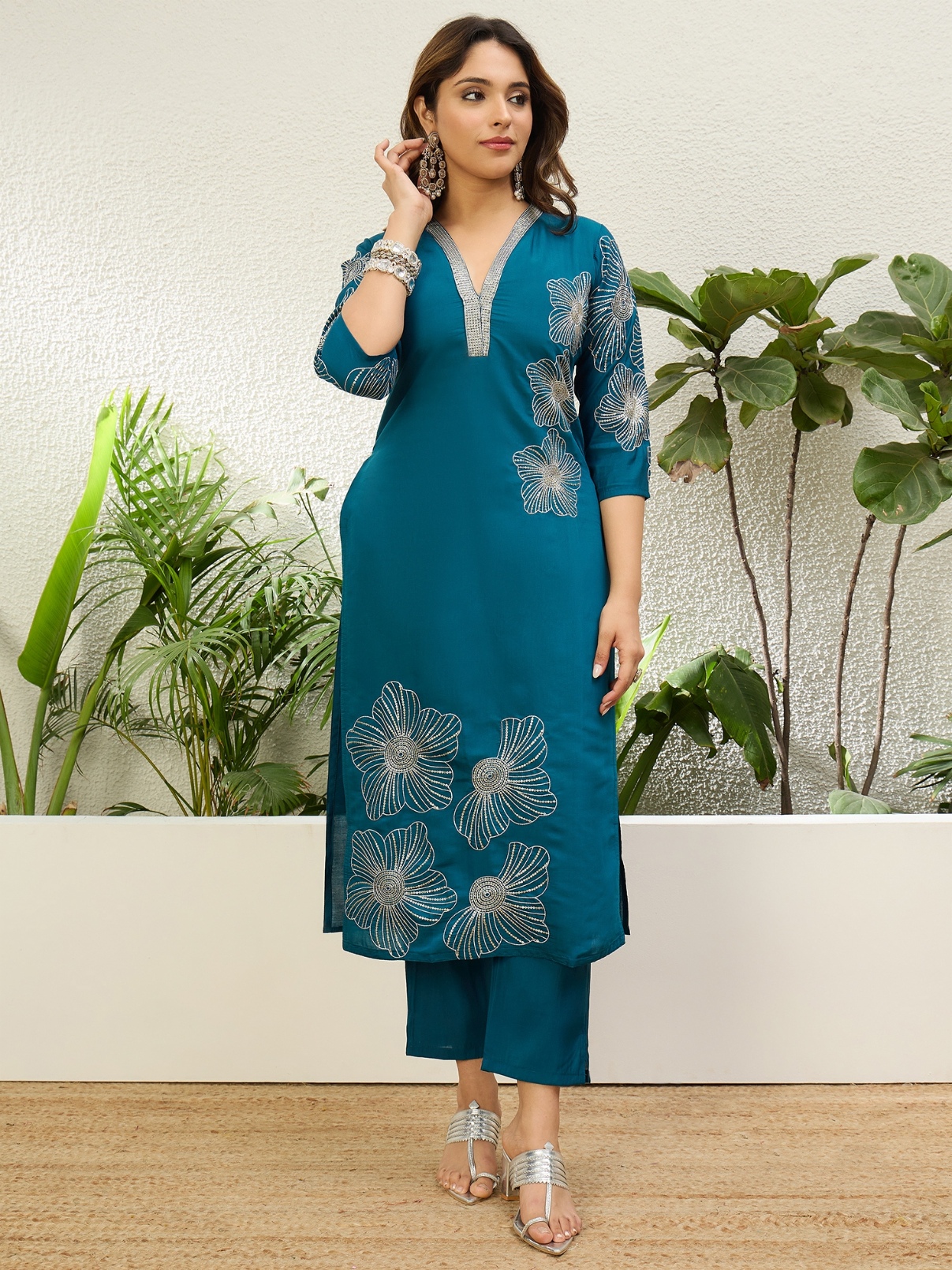 Teal Contemporary Embroidered Roman Silk Kurta Set