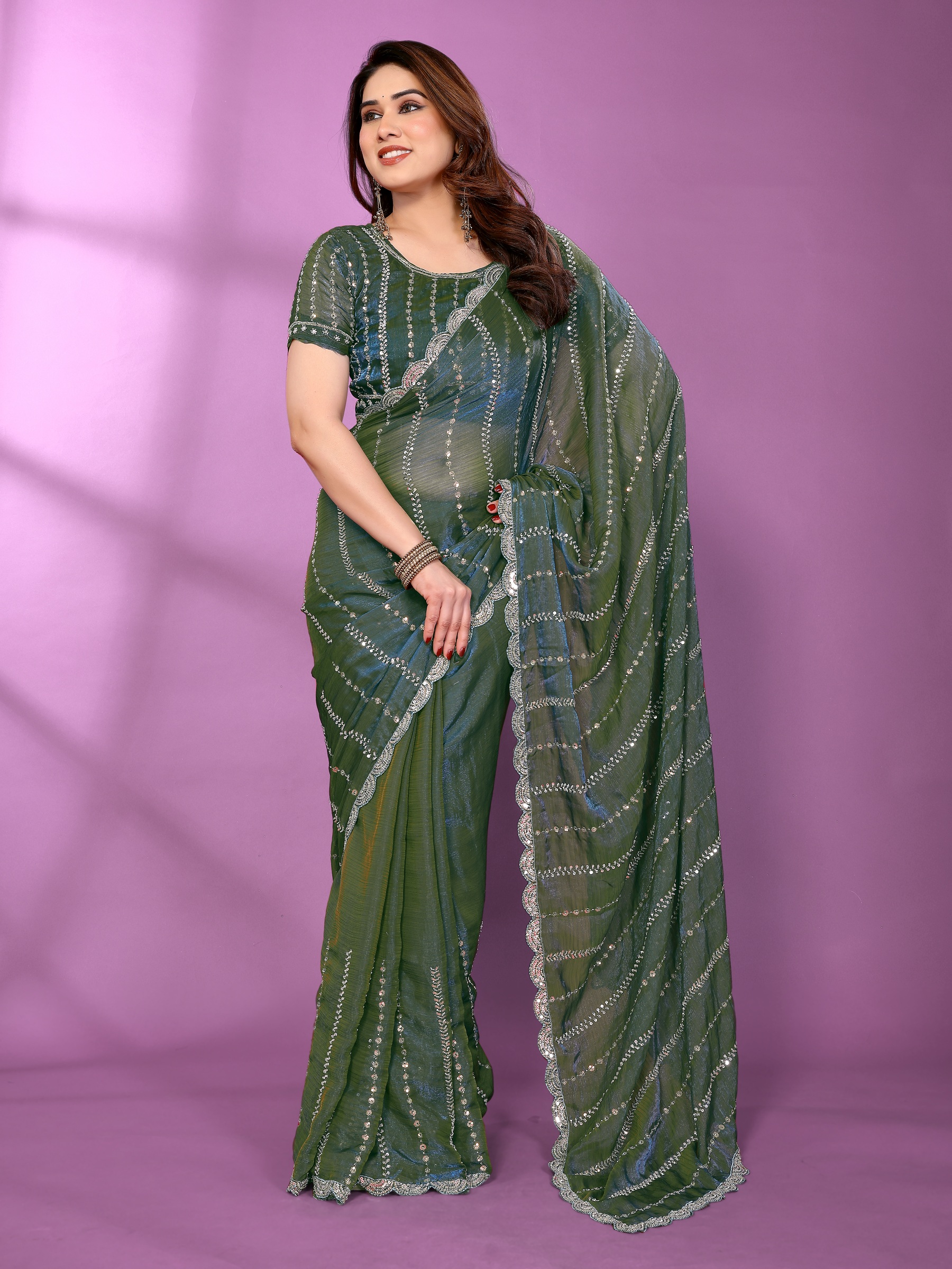 Teal Crystal Work Satin Silk Saree