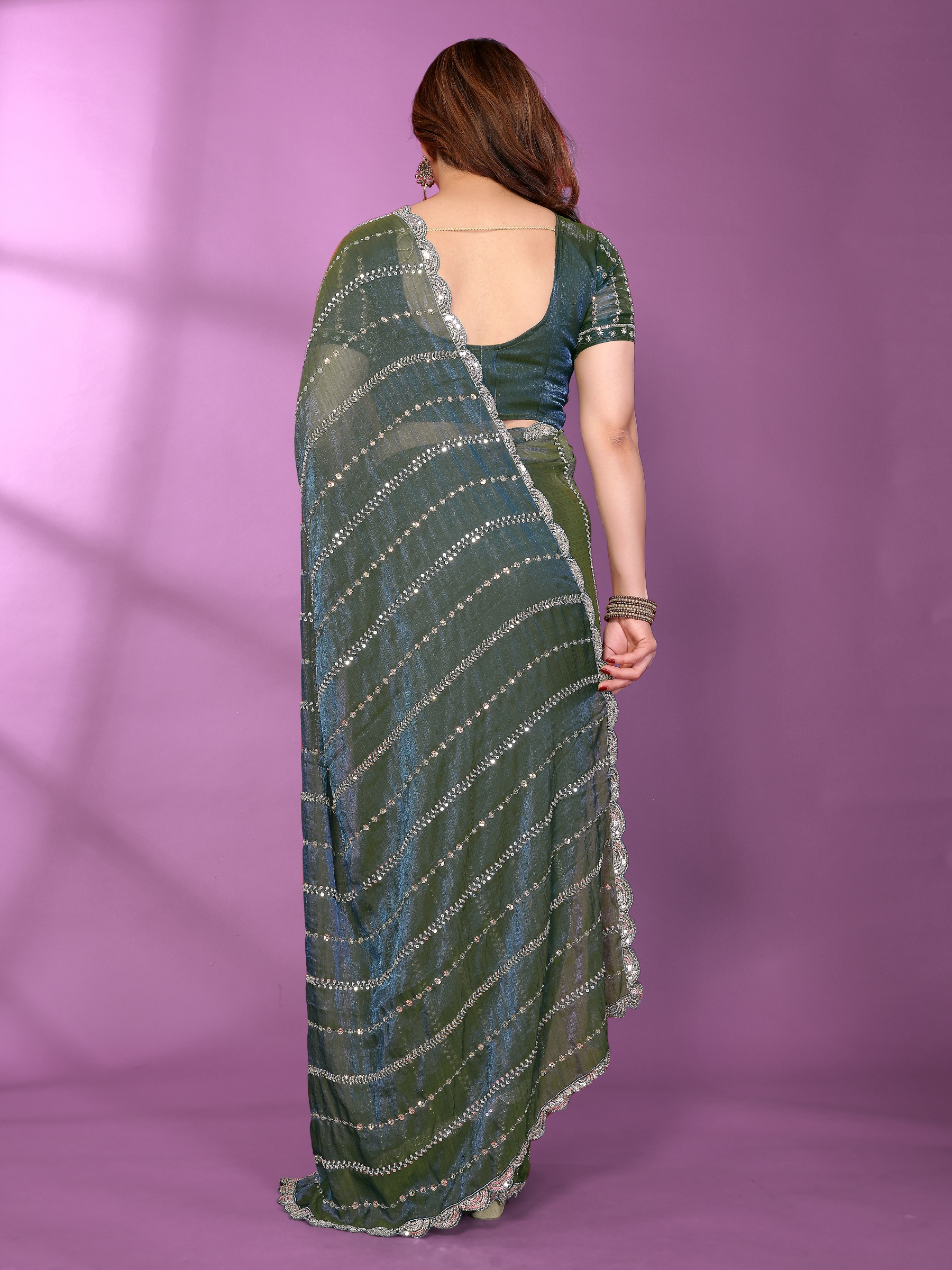 Teal Crystal Work Satin Silk Saree — alternate view