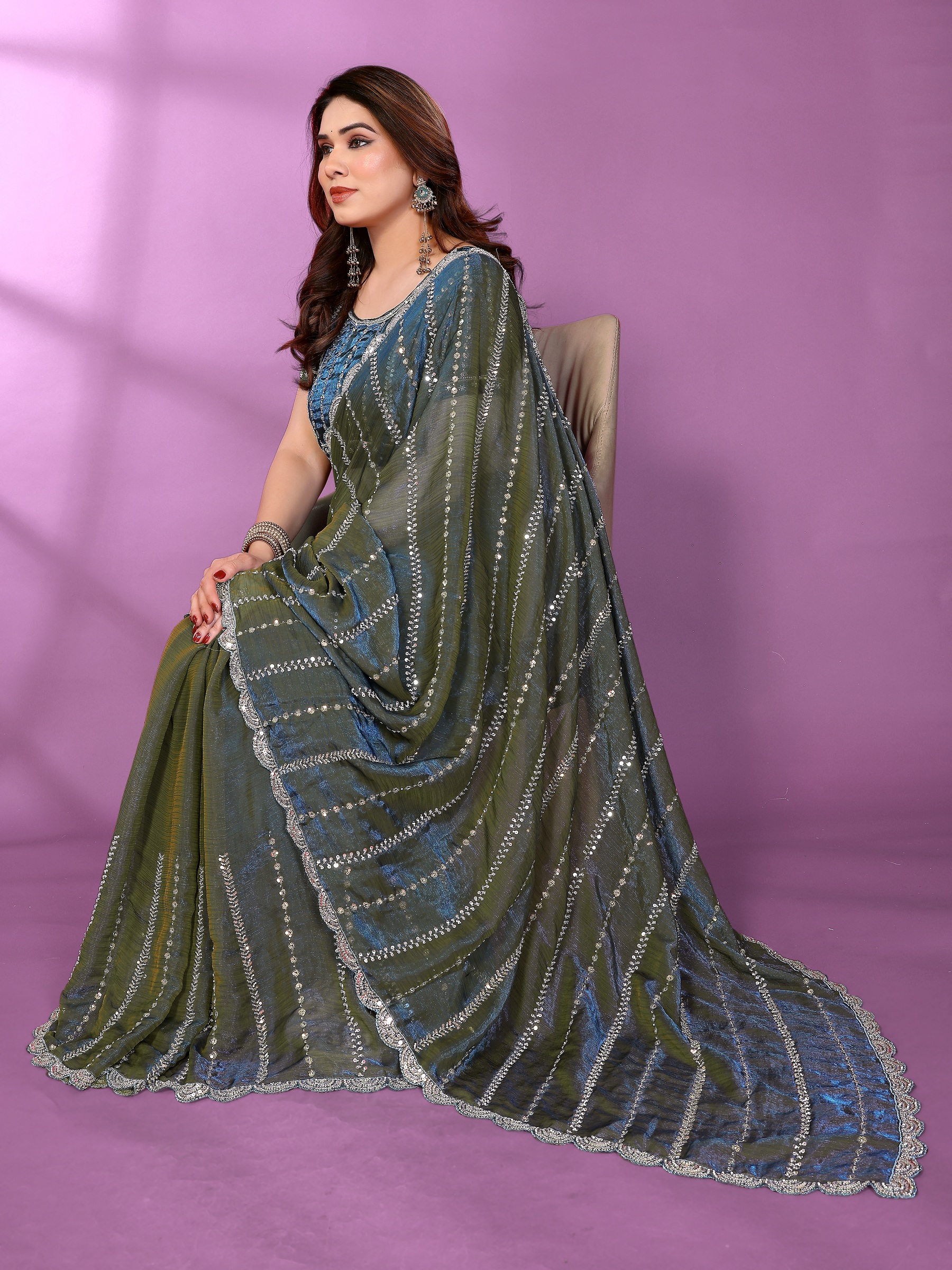 Teal Crystal Work Satin Silk Saree