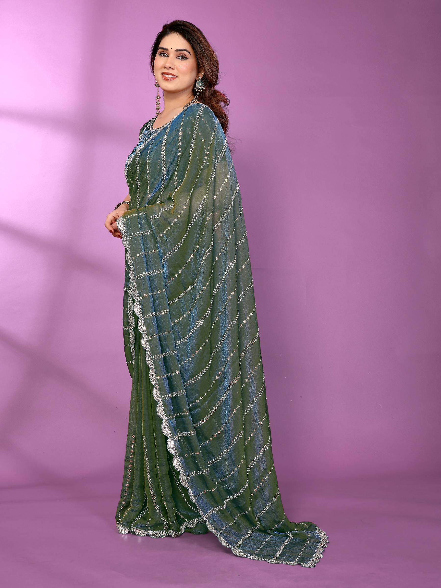 Teal Crystal Work Satin Silk Saree