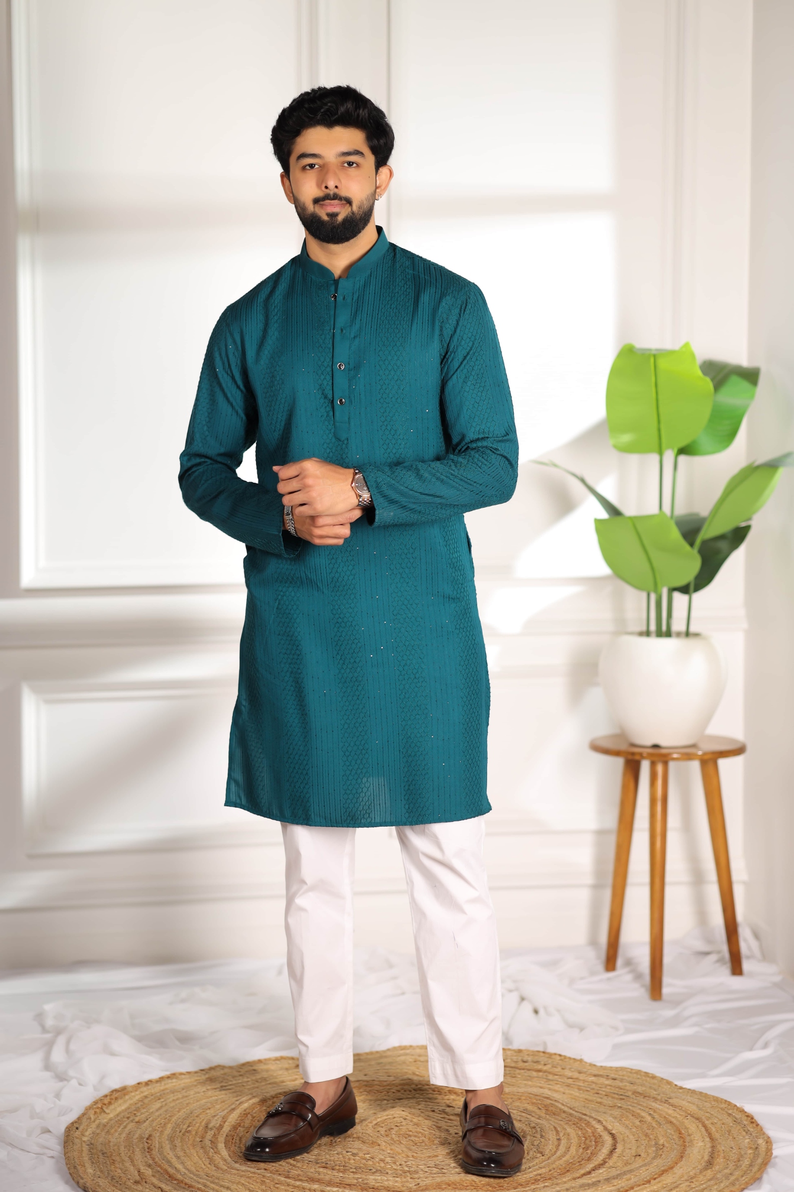 Teal Designer Embroidery Cotton Kurta Pyjama