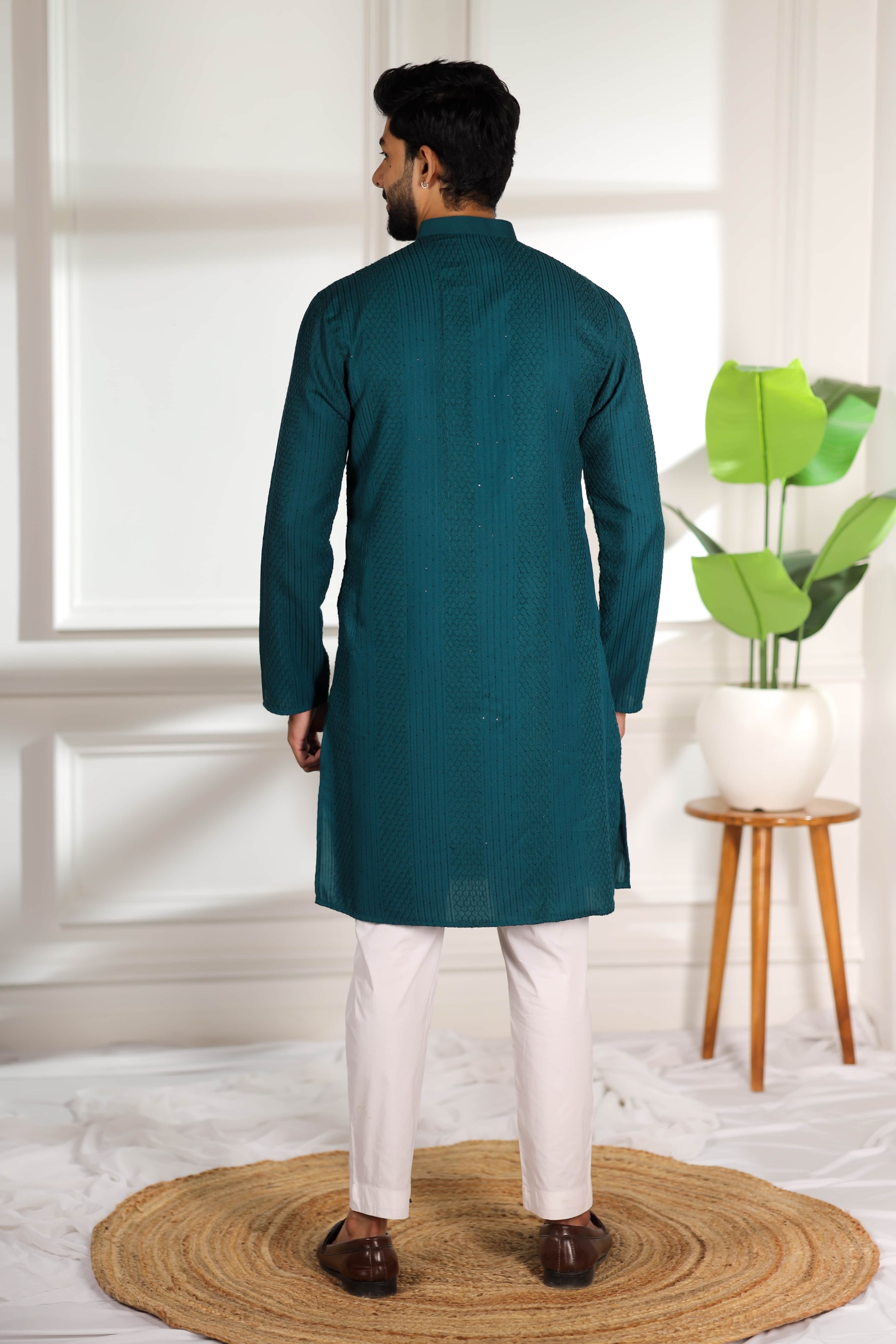 Teal Designer Embroidery Cotton Kurta Pyjama — alternate view