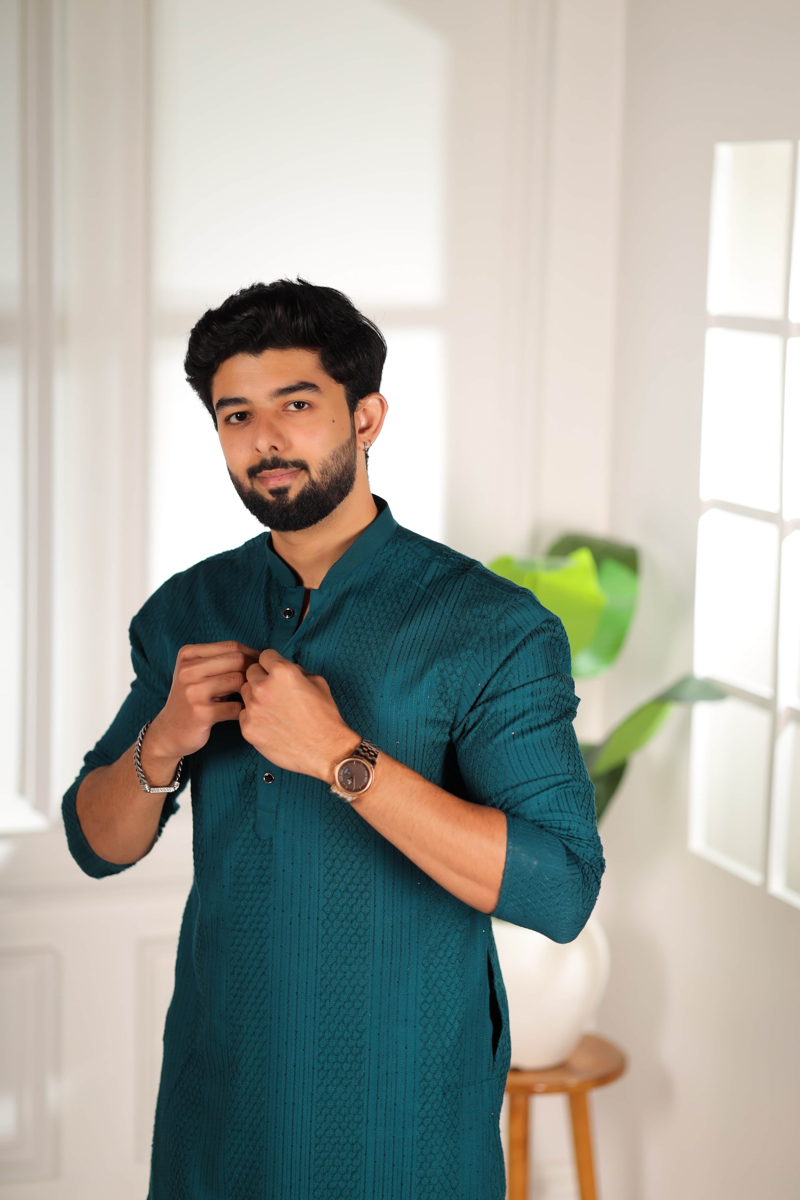 Teal Designer Embroidery Cotton Kurta Pyjama