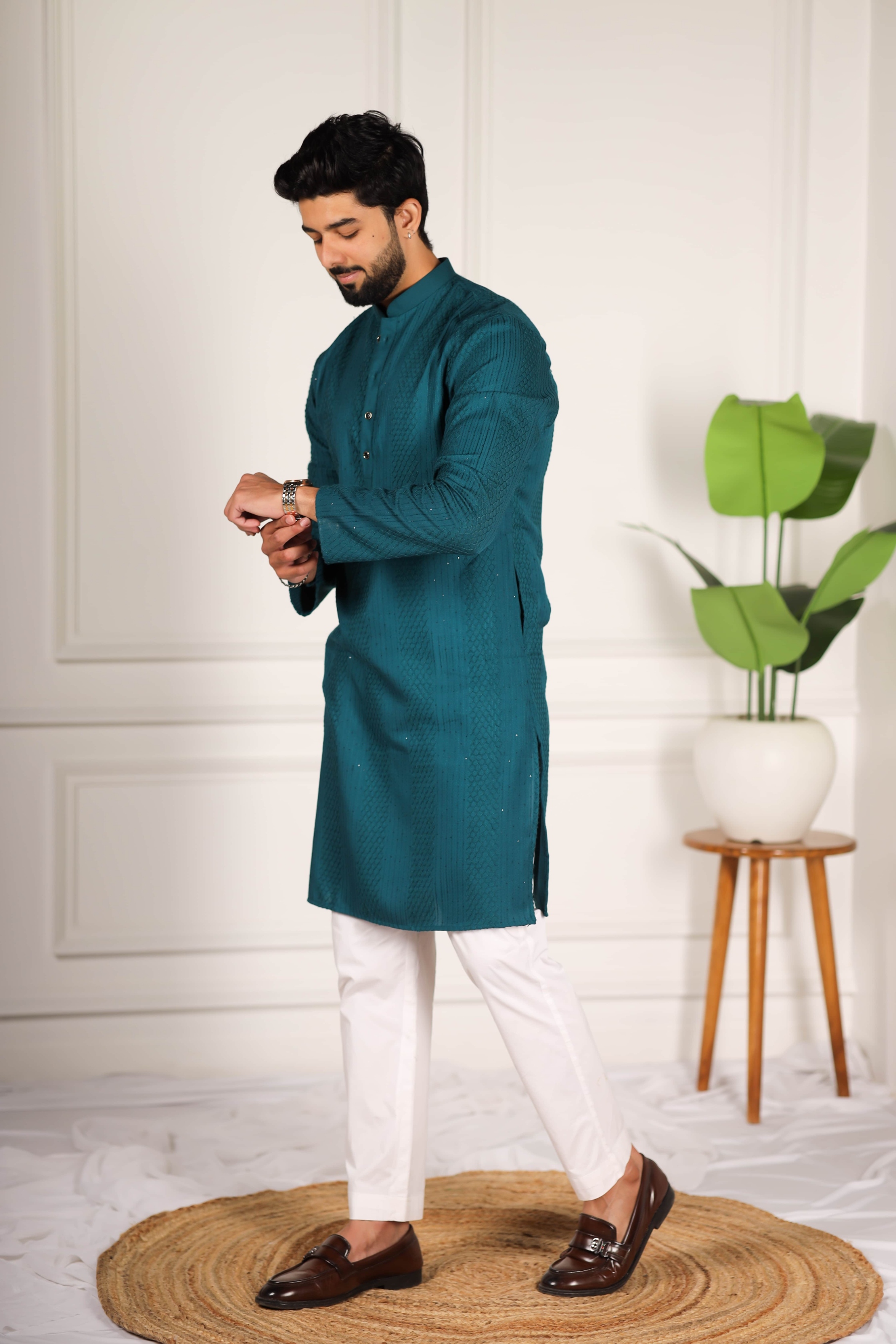 Teal Designer Embroidery Cotton Kurta Pyjama