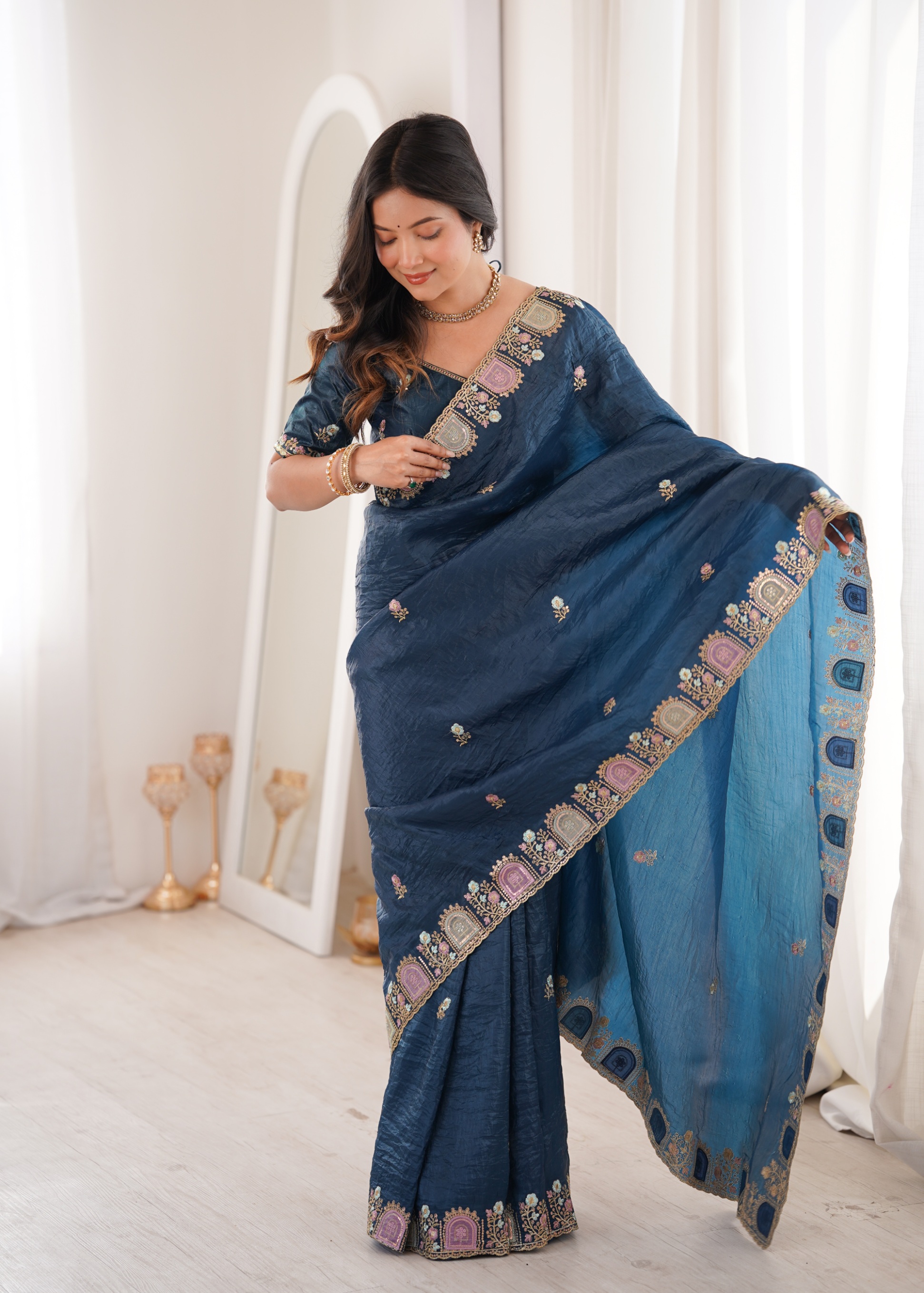 Teal Designer Multi Thread Work Gold Crunchy Silk Saree