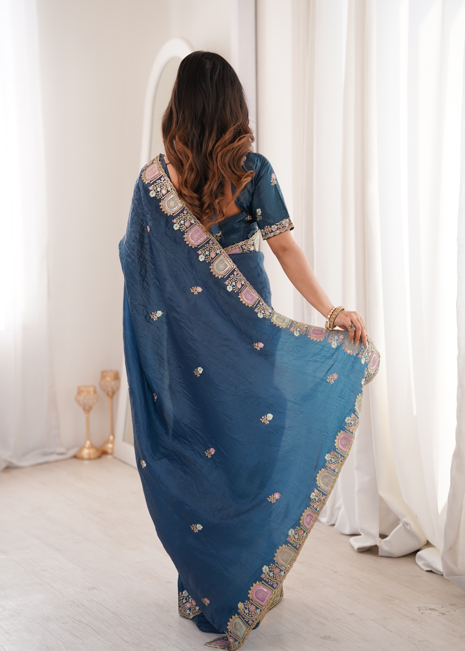 Teal Designer Multi Thread Work Gold Crunchy Silk Saree — alternate view