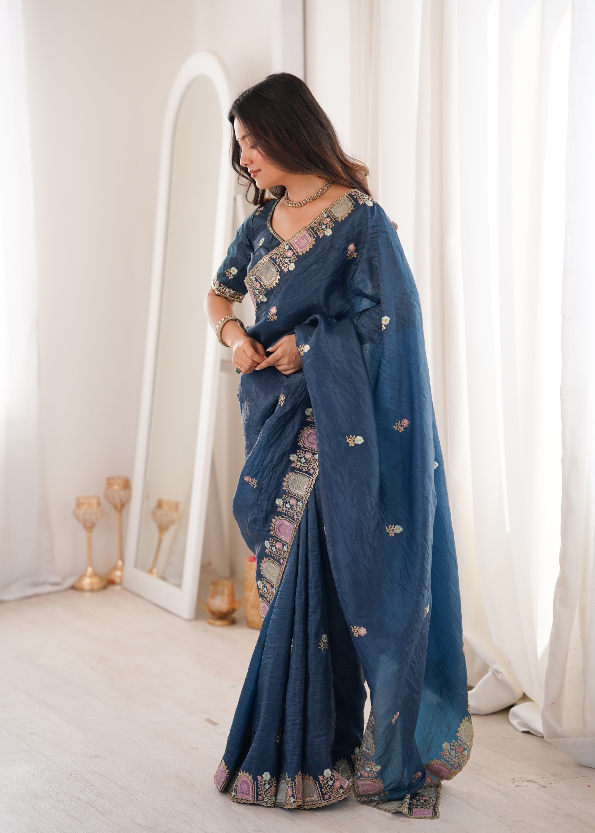Teal Designer Multi Thread Work Gold Crunchy Silk Saree
