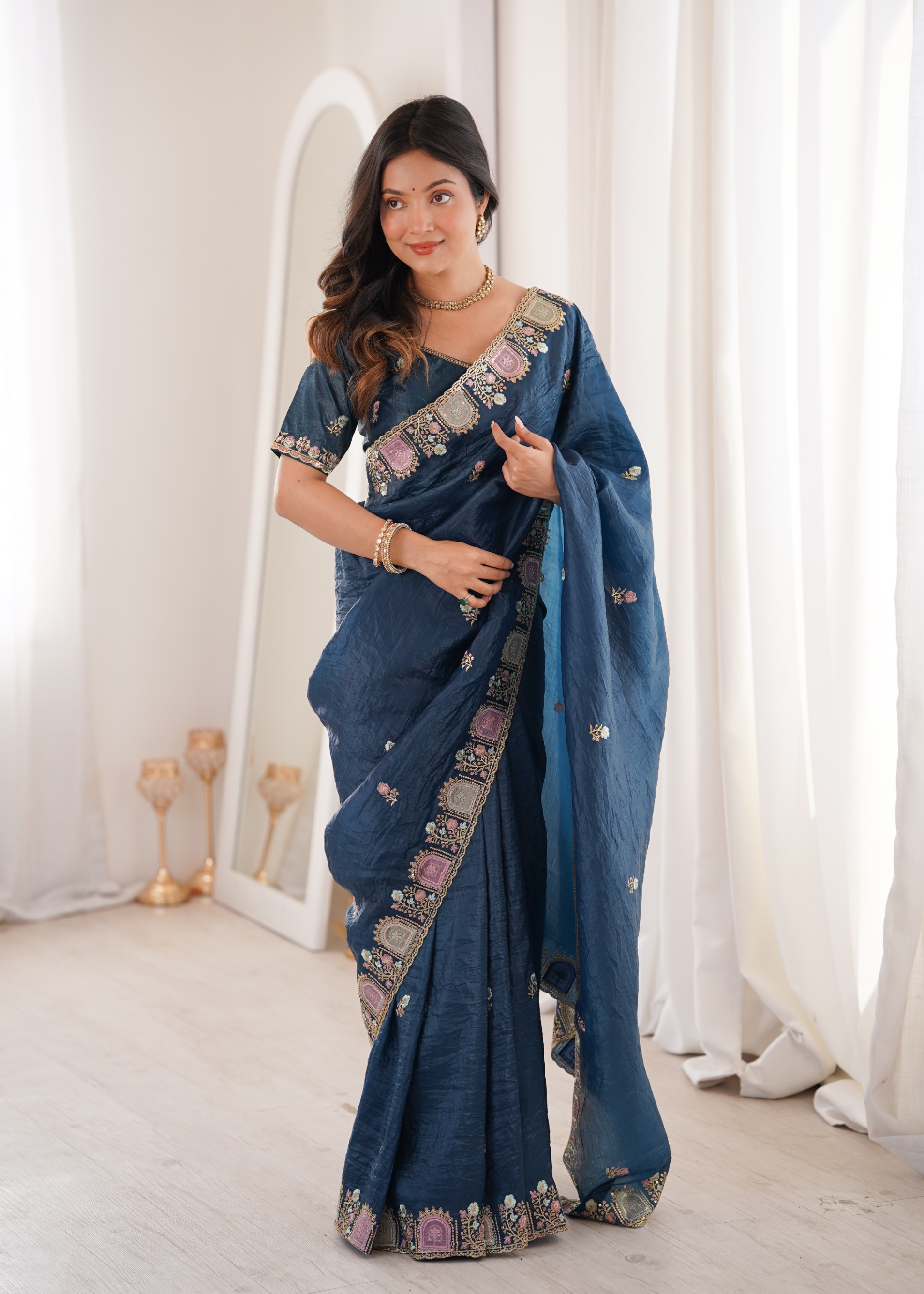 Teal Designer Multi Thread Work Gold Crunchy Silk Saree