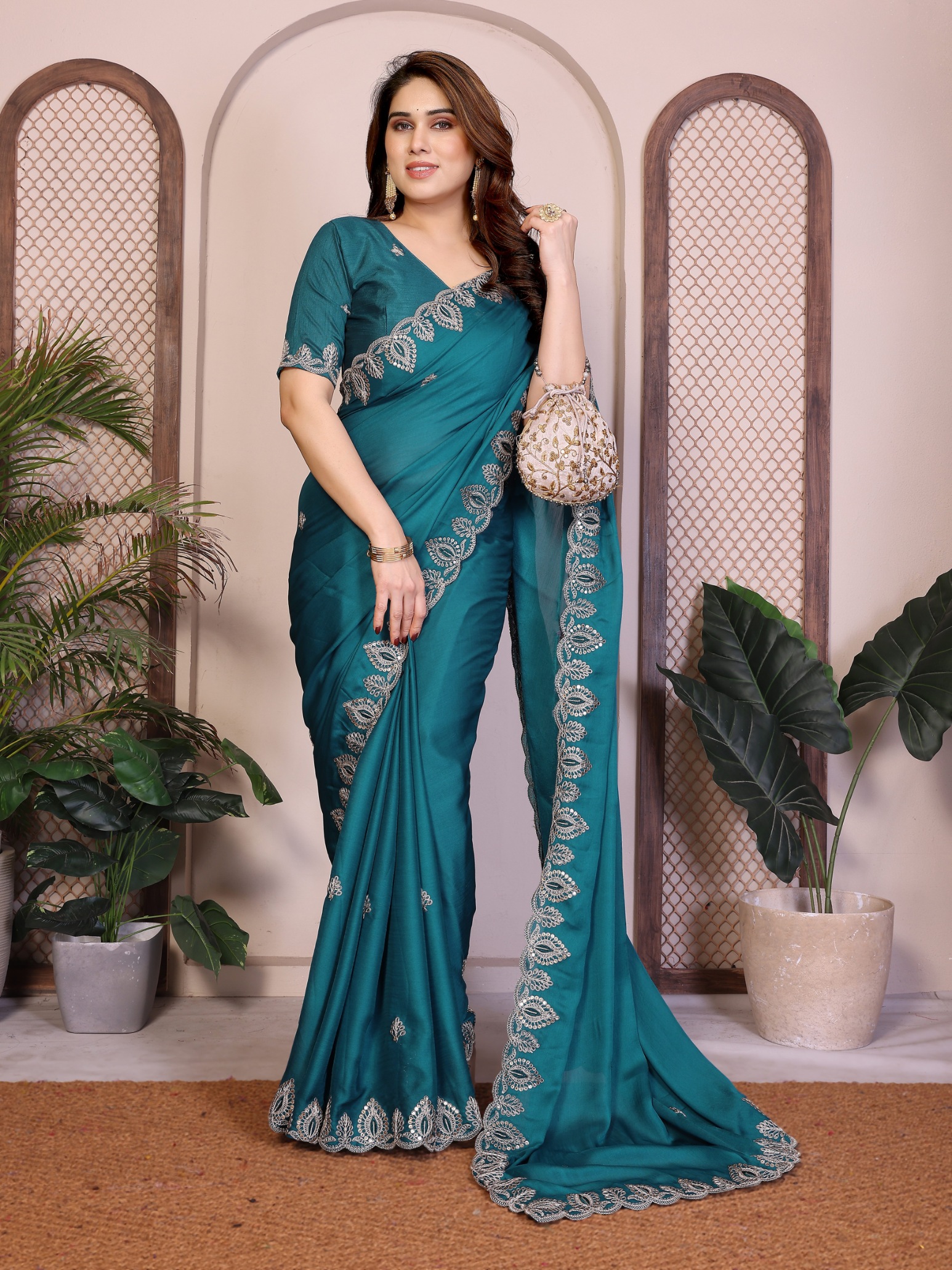 Teal Designer Pallu Satin Chiffon Party Saree