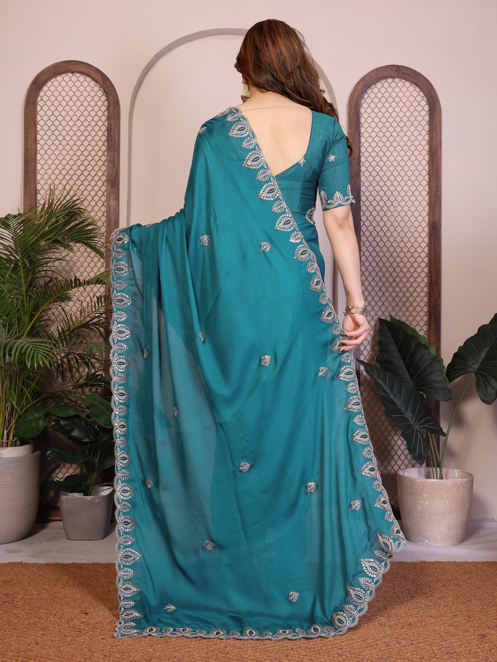 Teal Designer Pallu Satin Chiffon Party Saree — alternate view