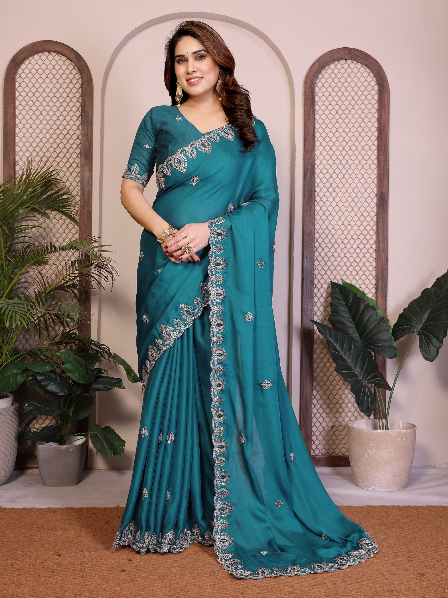 Teal Designer Pallu Satin Chiffon Party Saree