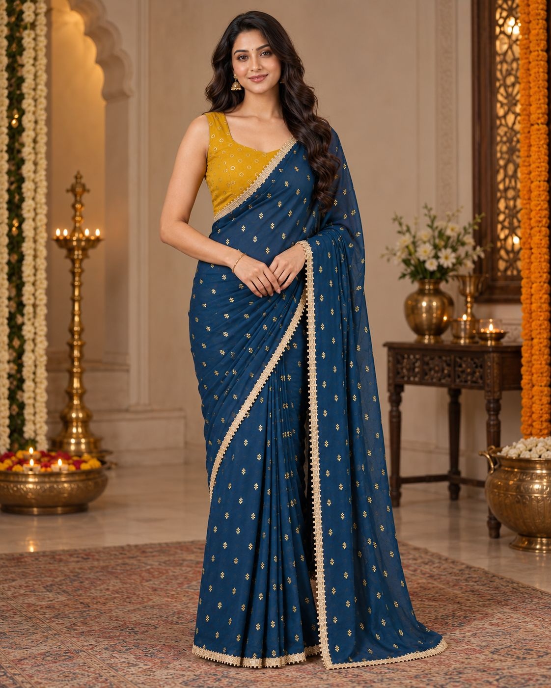 Teal Designer Printed Georgette Ready To Wear Saree