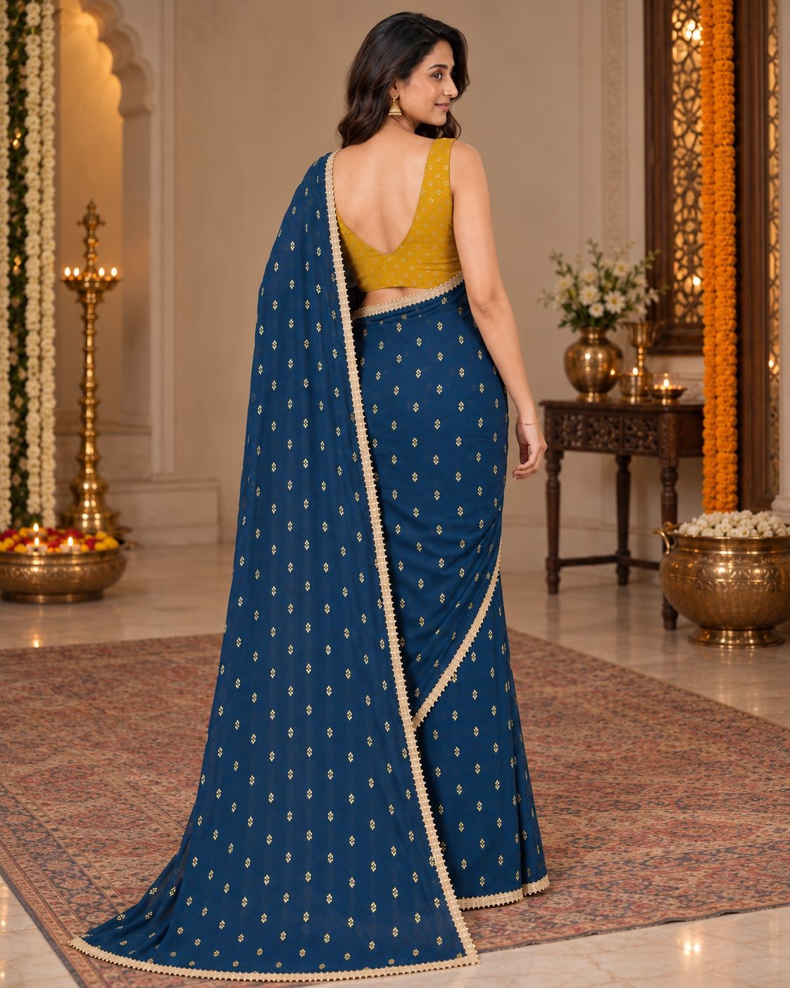 Teal Designer Printed Georgette Ready To Wear Saree — alternate view