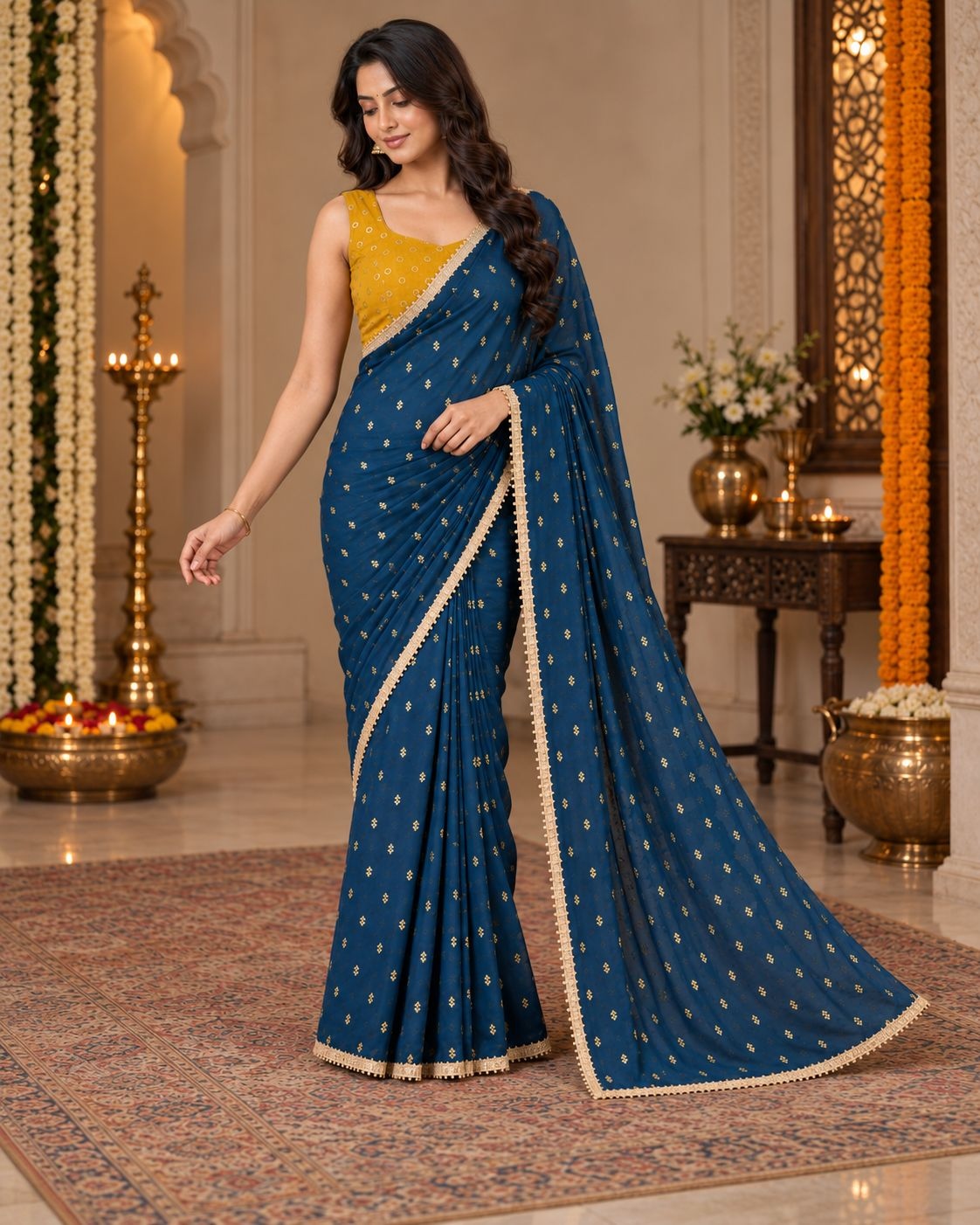 Teal Designer Printed Georgette Ready To Wear Saree