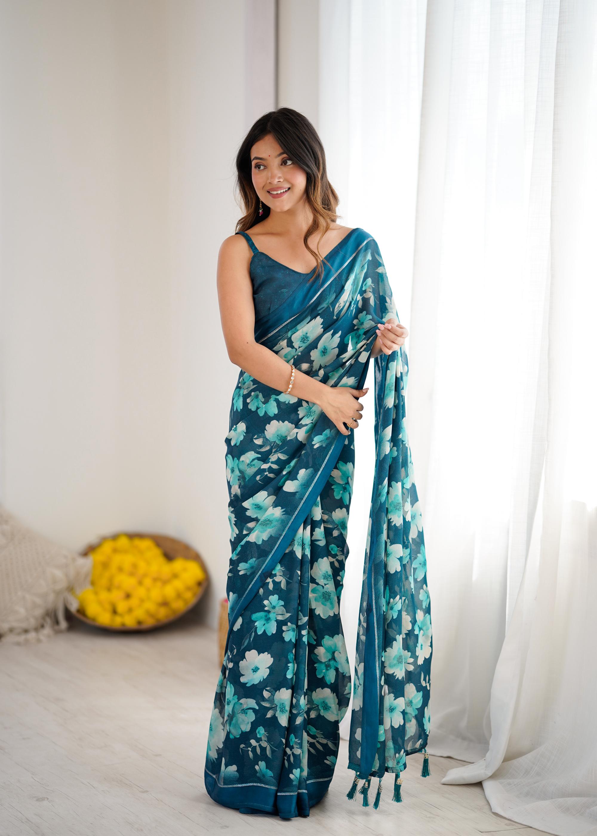 Teal Designer Printed Moss Satin Patta Saree