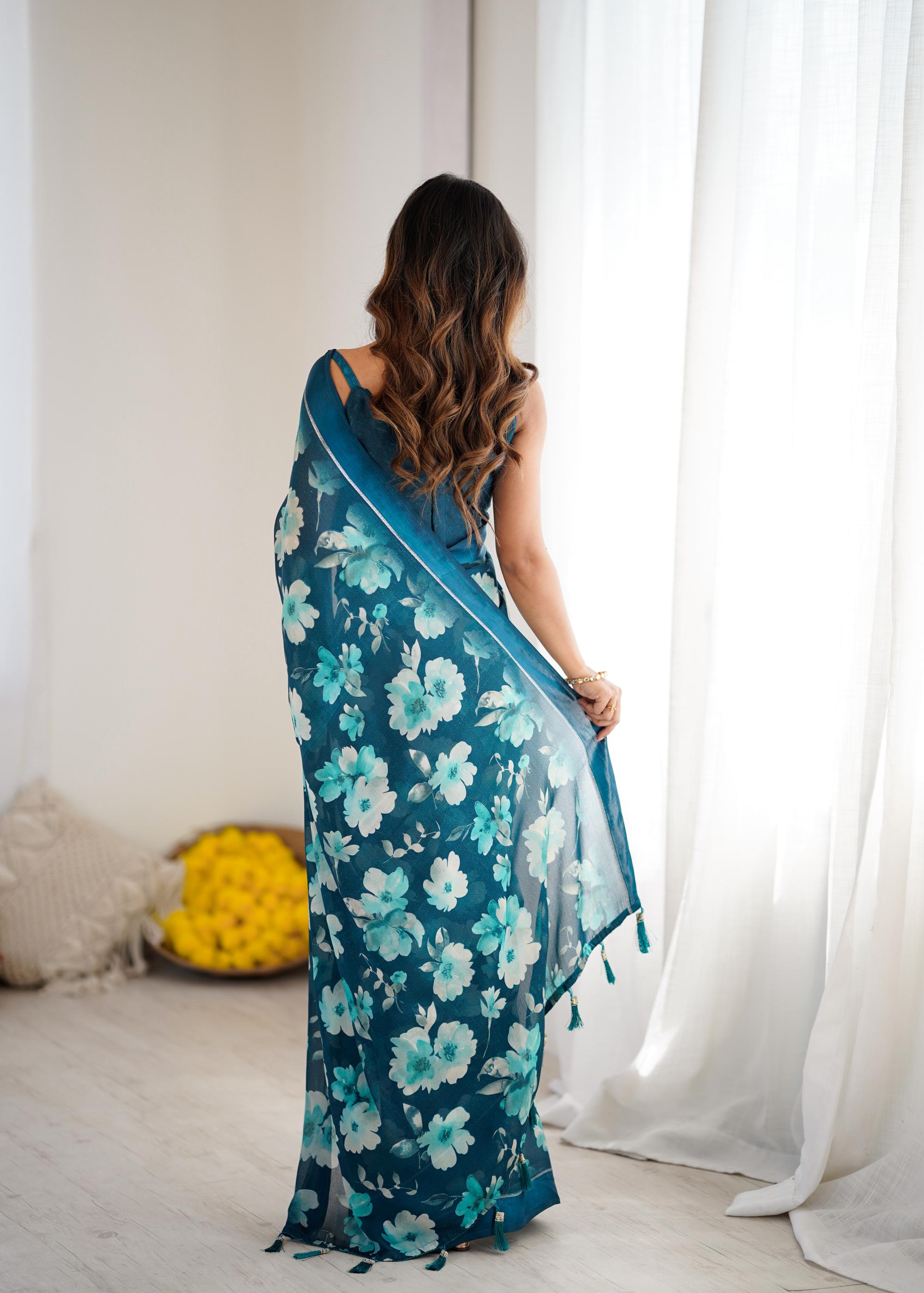 Teal Designer Printed Moss Satin Patta Saree — alternate view