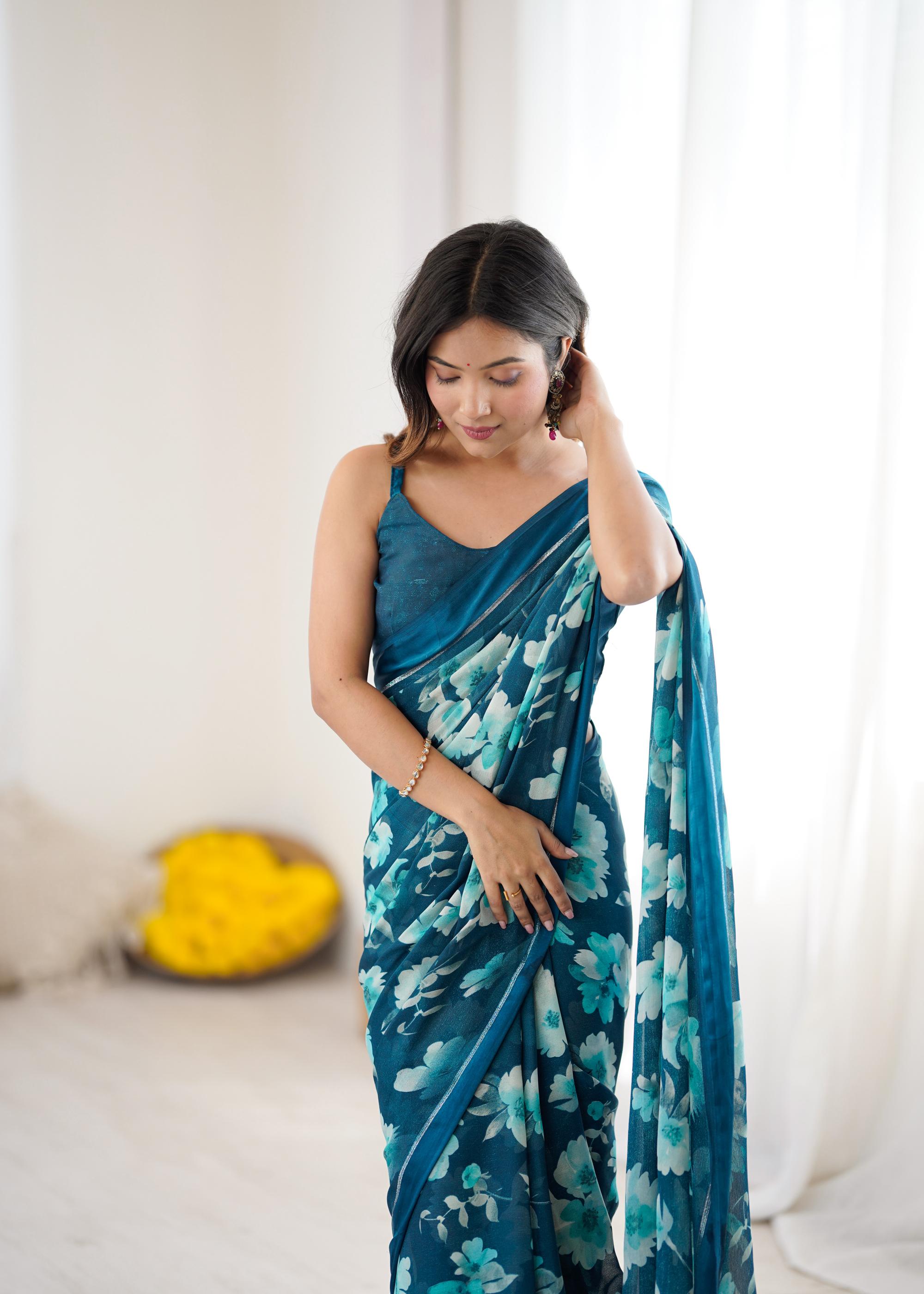 Teal Designer Printed Moss Satin Patta Saree