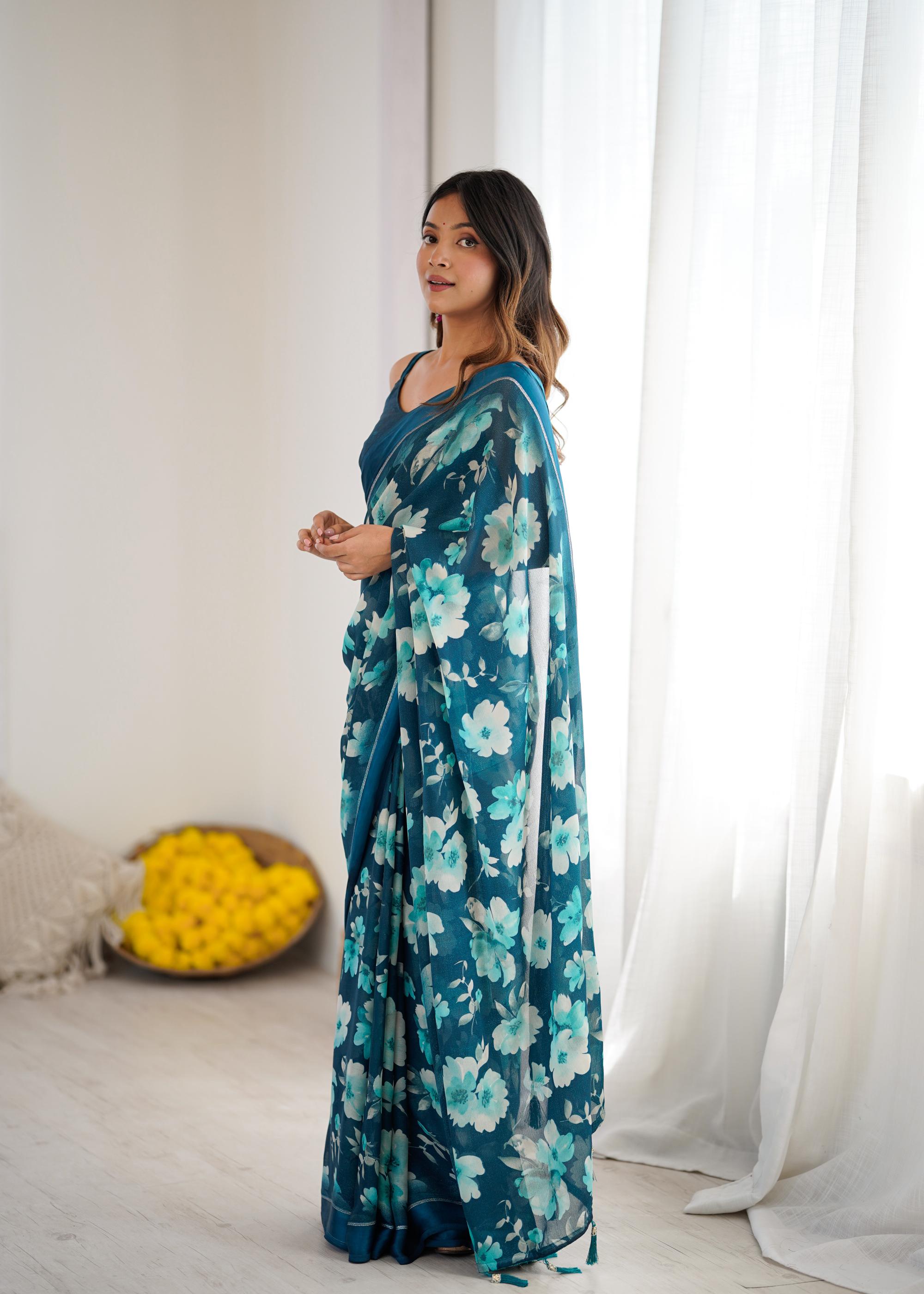 Teal Designer Printed Moss Satin Patta Saree
