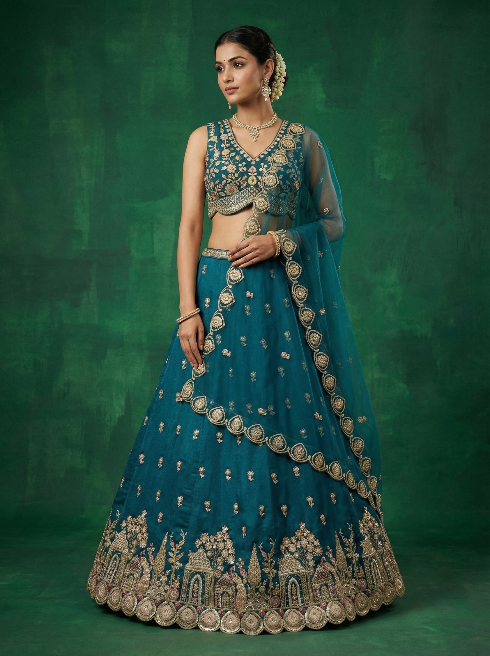 Teal Designer Sequins Embroidery Work Chinnon Lehenga Choli
