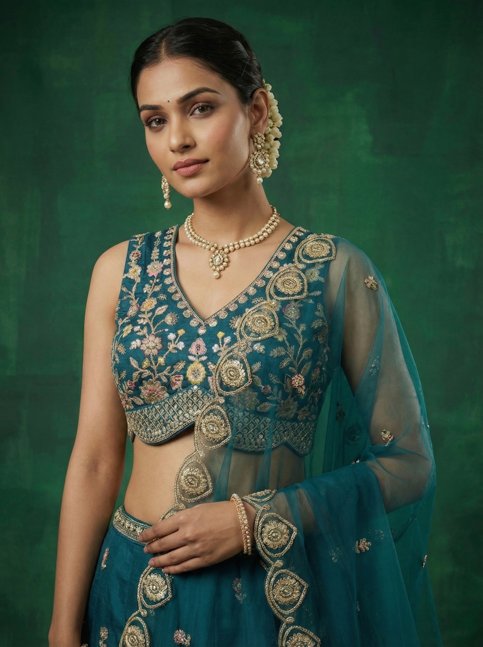 Teal Designer Sequins Embroidery Work Chinnon Lehenga Choli — alternate view