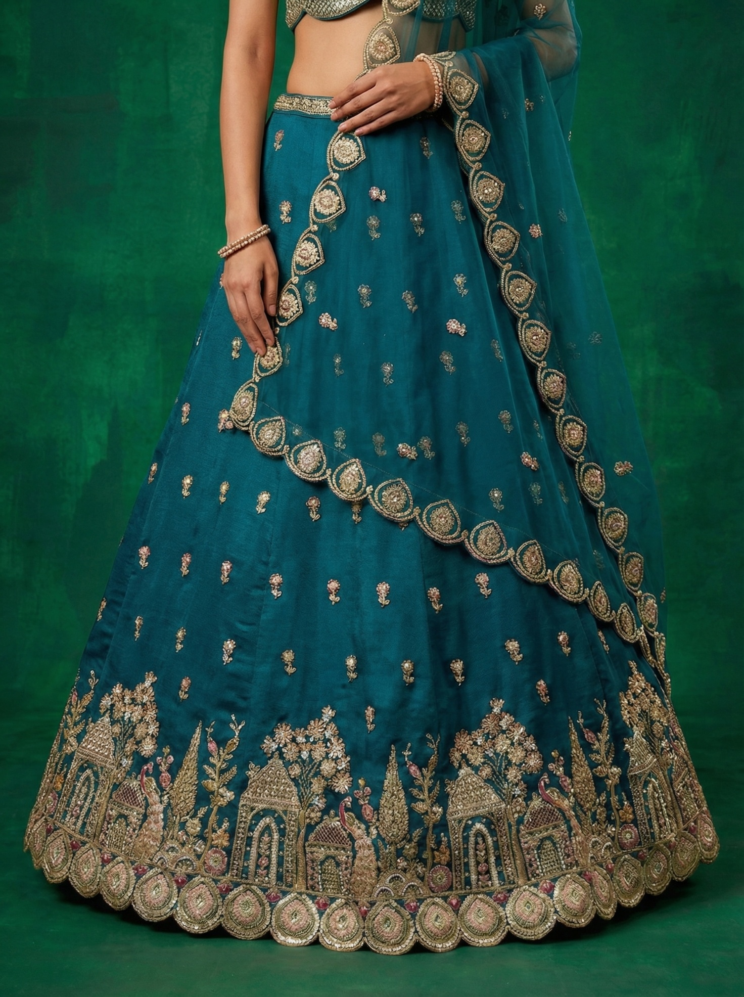 Teal Designer Sequins Embroidery Work Chinnon Lehenga Choli