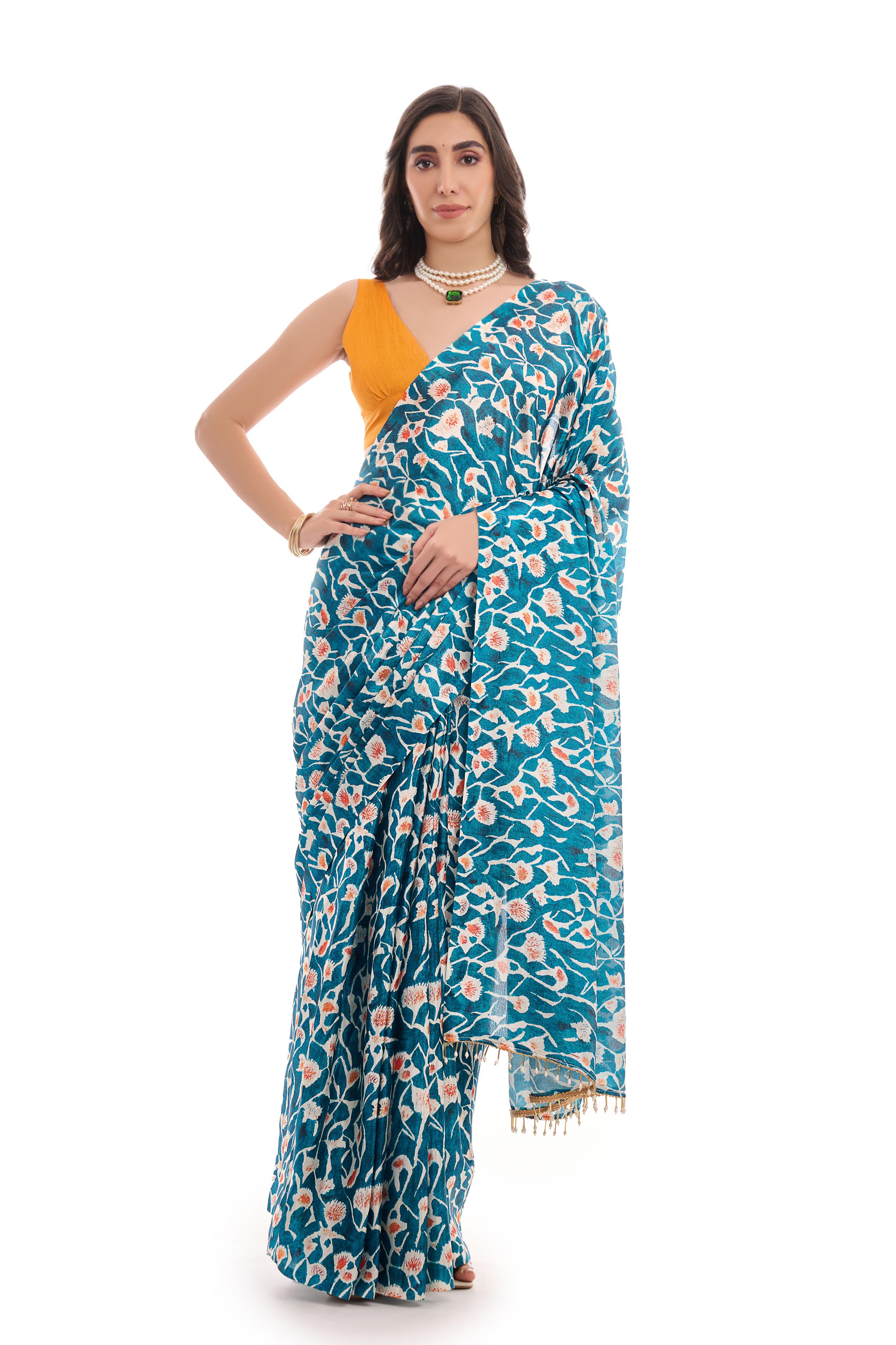 Teal Digital Printed Chinon Ready To Wear Saree