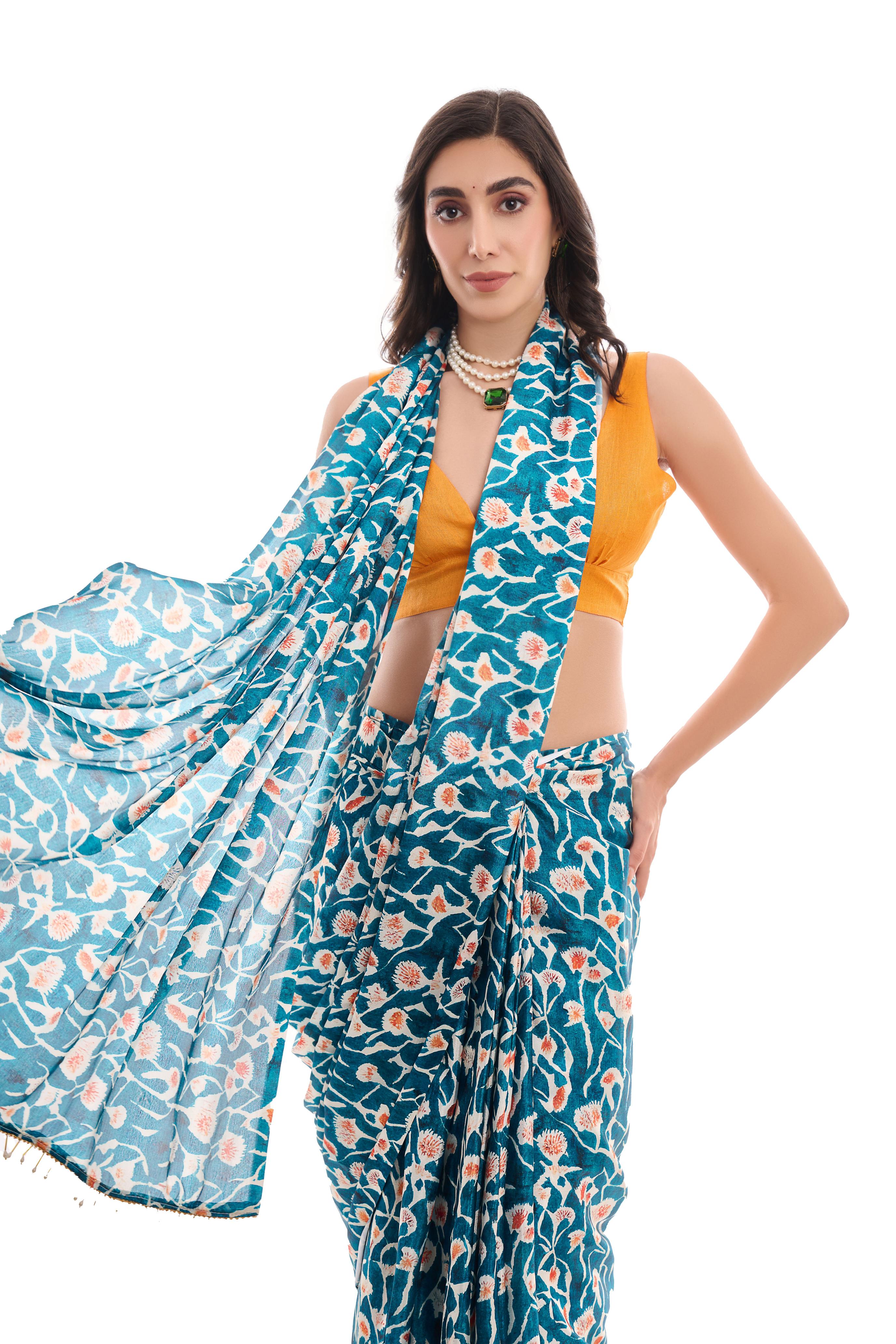 Teal Digital Printed Chinon Ready To Wear Saree — alternate view
