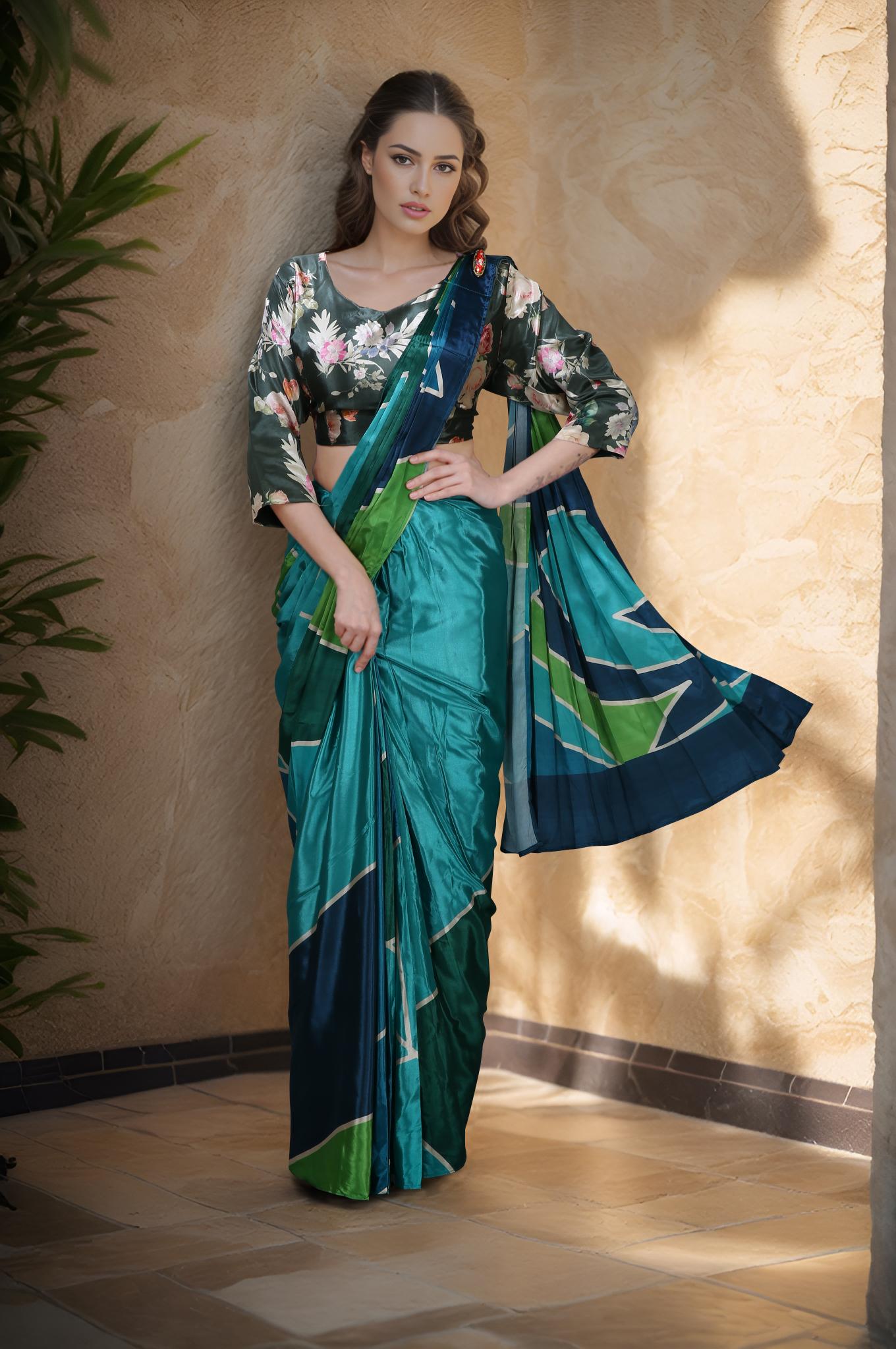 Teal Digital Printed Silk Crepe Ready To Wear Saree