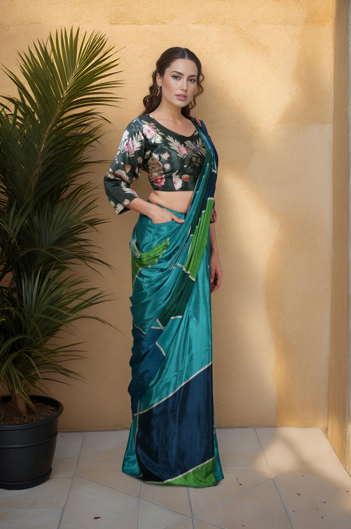 Teal Digital Printed Silk Crepe Ready To Wear Saree