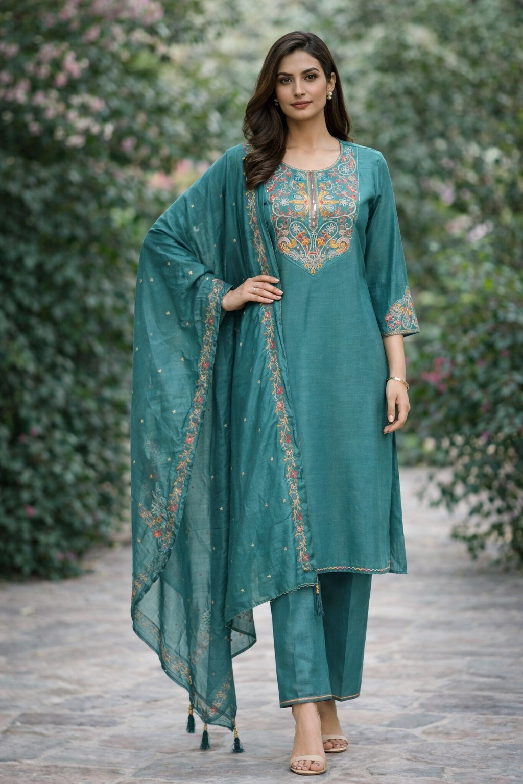 Teal Embroidered A-Line Salwar Suit