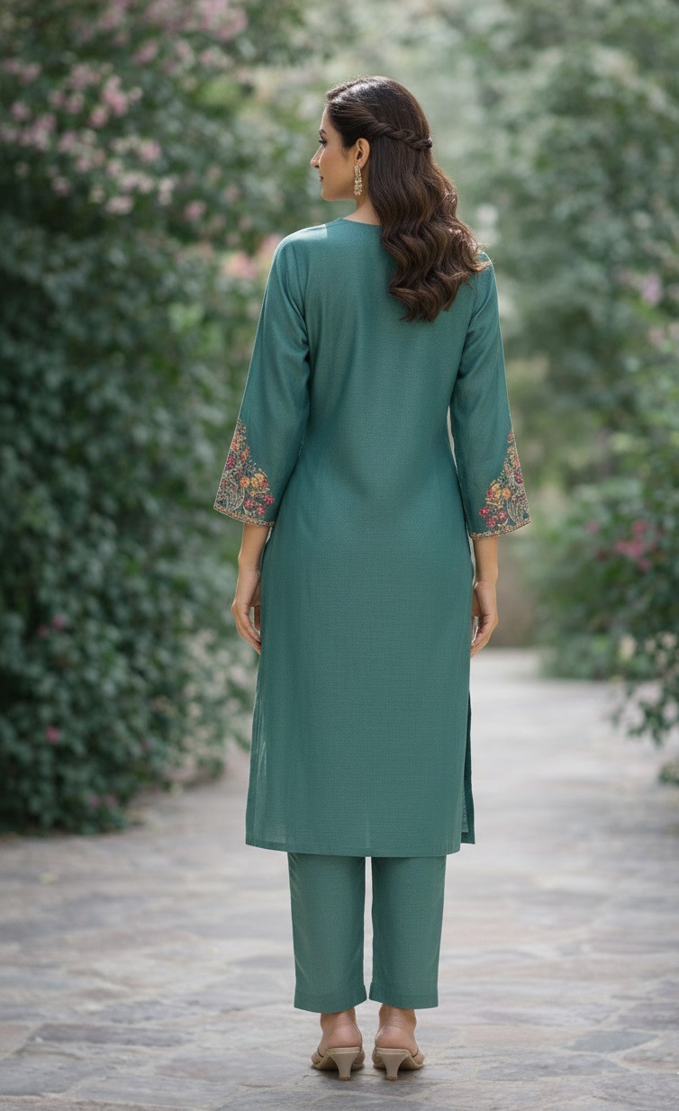 Teal Embroidered A-Line Salwar Suit — alternate view