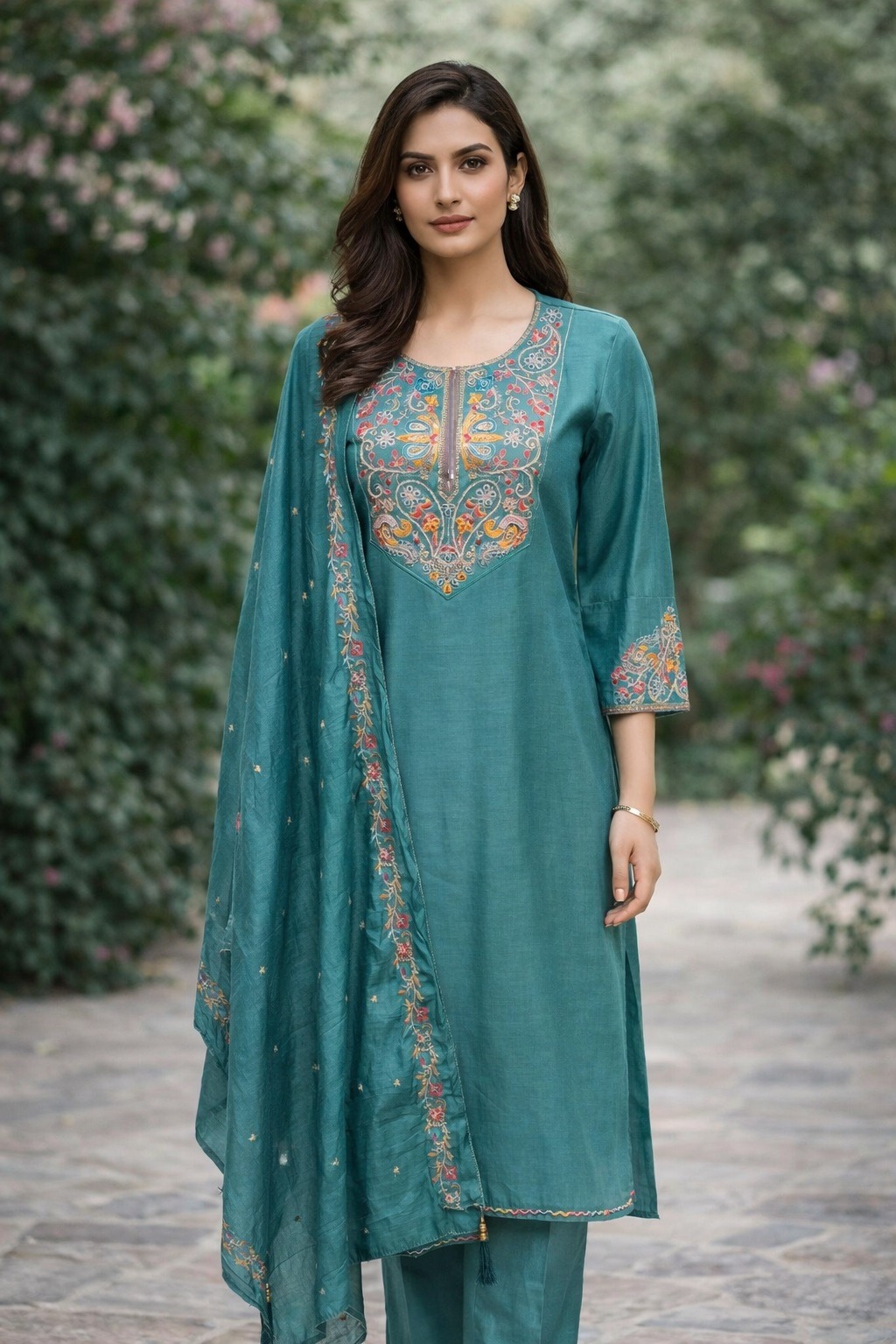 Teal Embroidered A-Line Salwar Suit