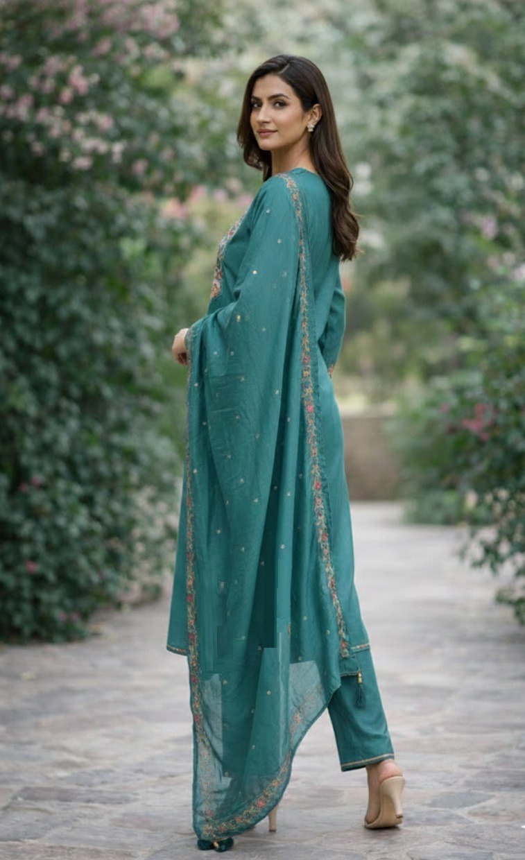Teal Embroidered A-Line Salwar Suit